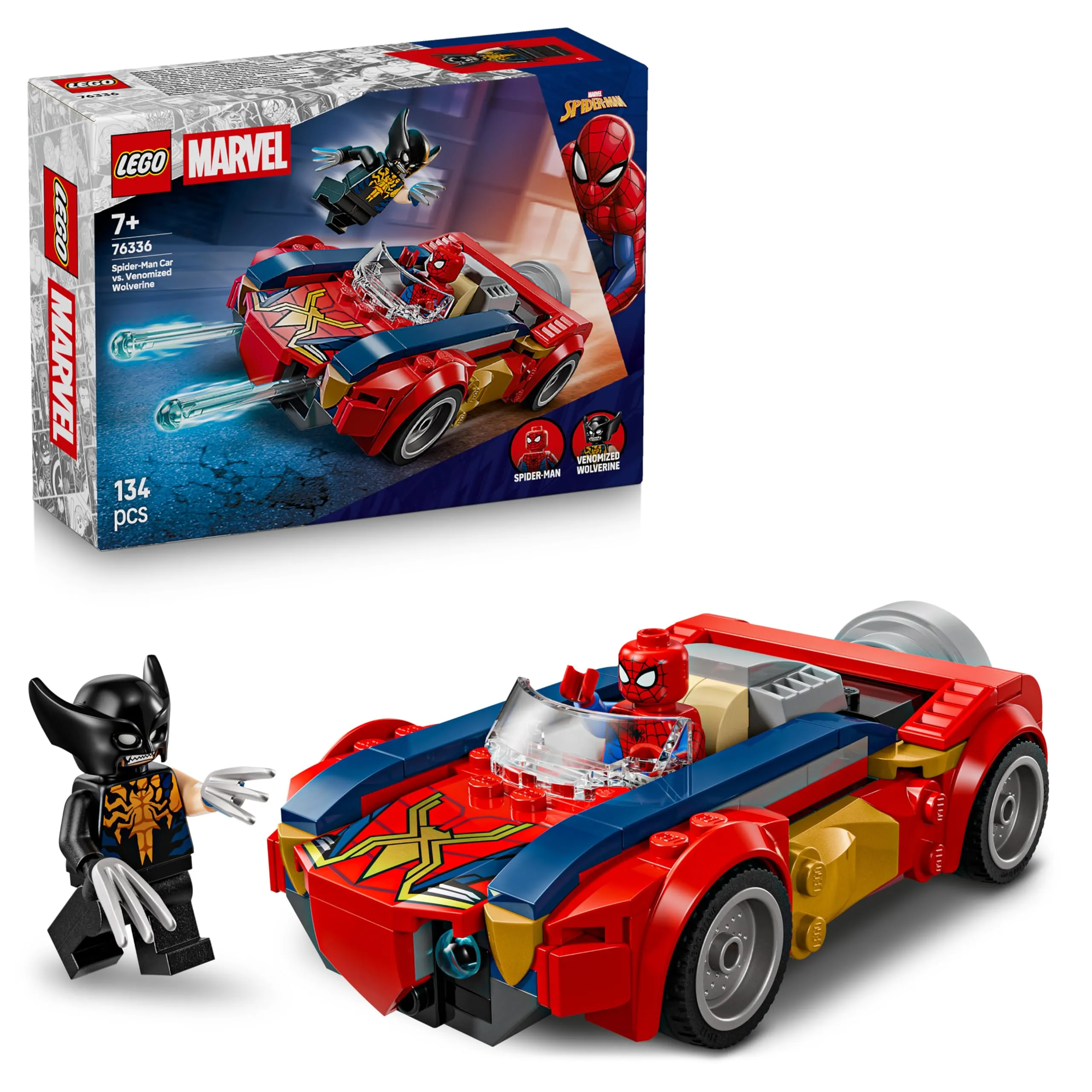 LEGO | Marvel Auto di Spider-Man vs. Venomized Wolverine - Giocattolo dei Supereroi con Modello di Macchina, 2 Minifigure e 2 Shooter a Molla - Regalo per Bambini e Fan da 7 Anni in su - 76336