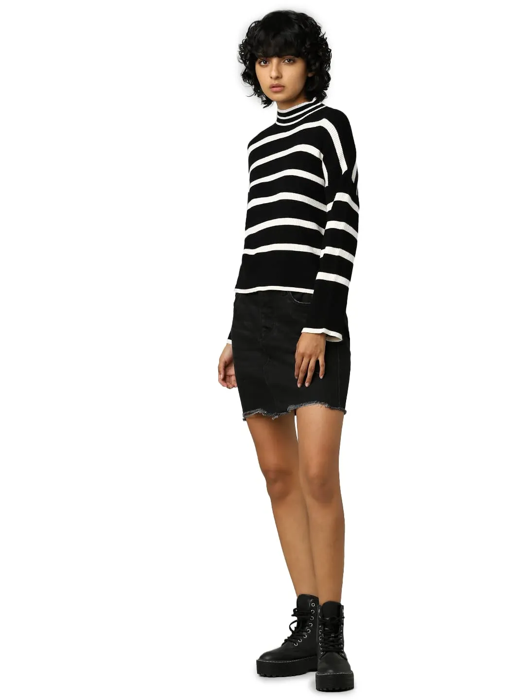 ONLY Onlibi L/S-Pullover a Collo Alto CC Knt Maglione, Nero/Righe:w. Whitecap Gray Melange, S Donna