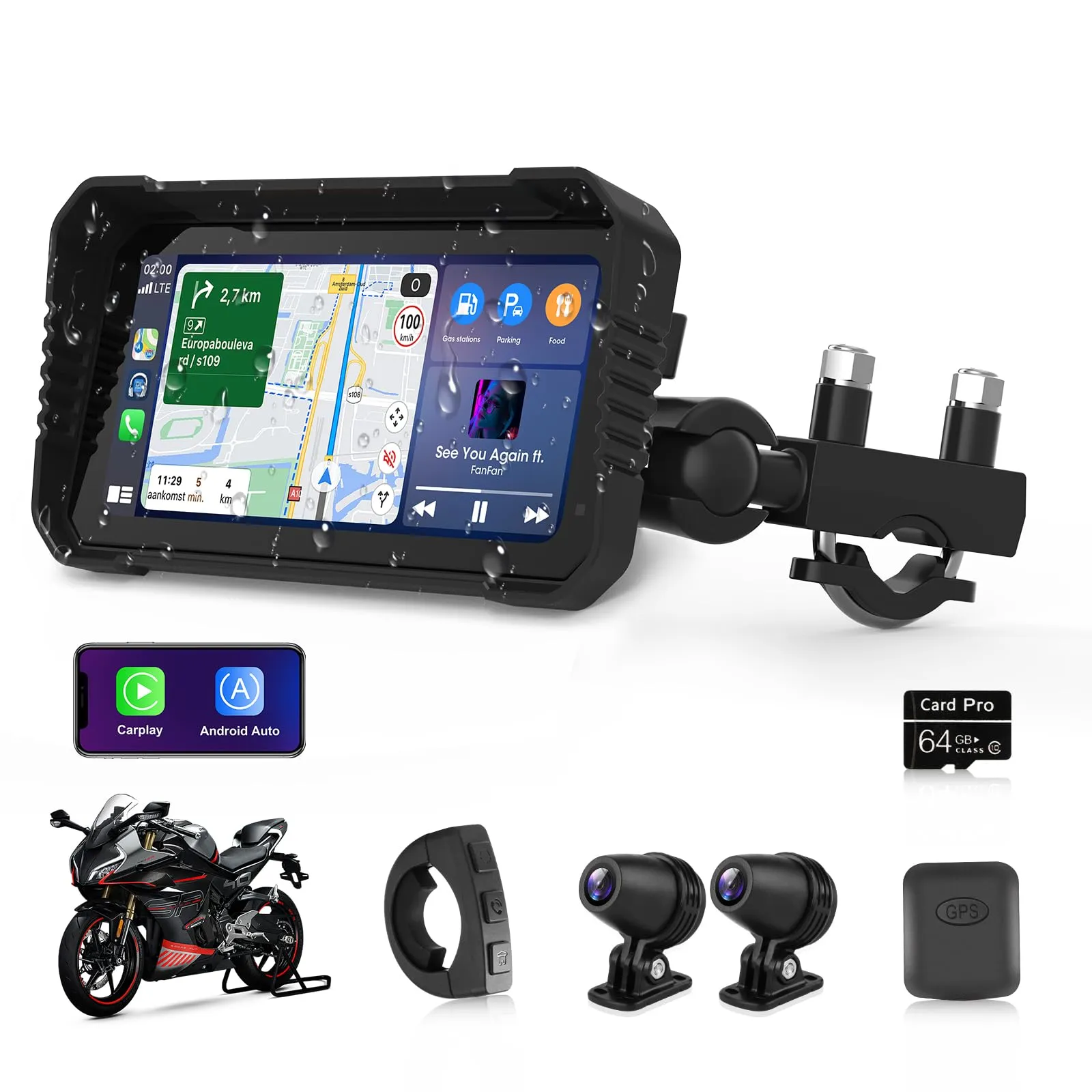 2025 4K Moto CarPlay Android Auto 6,25 Pollici per Carplay Moto con Doppia Fotocamera, Navigatore Mo.to con WiFi, Navigazione GPS, Telecomando, Siri, G-OOgle Assistant, Bluetooth, Scheda TF da 64 GB