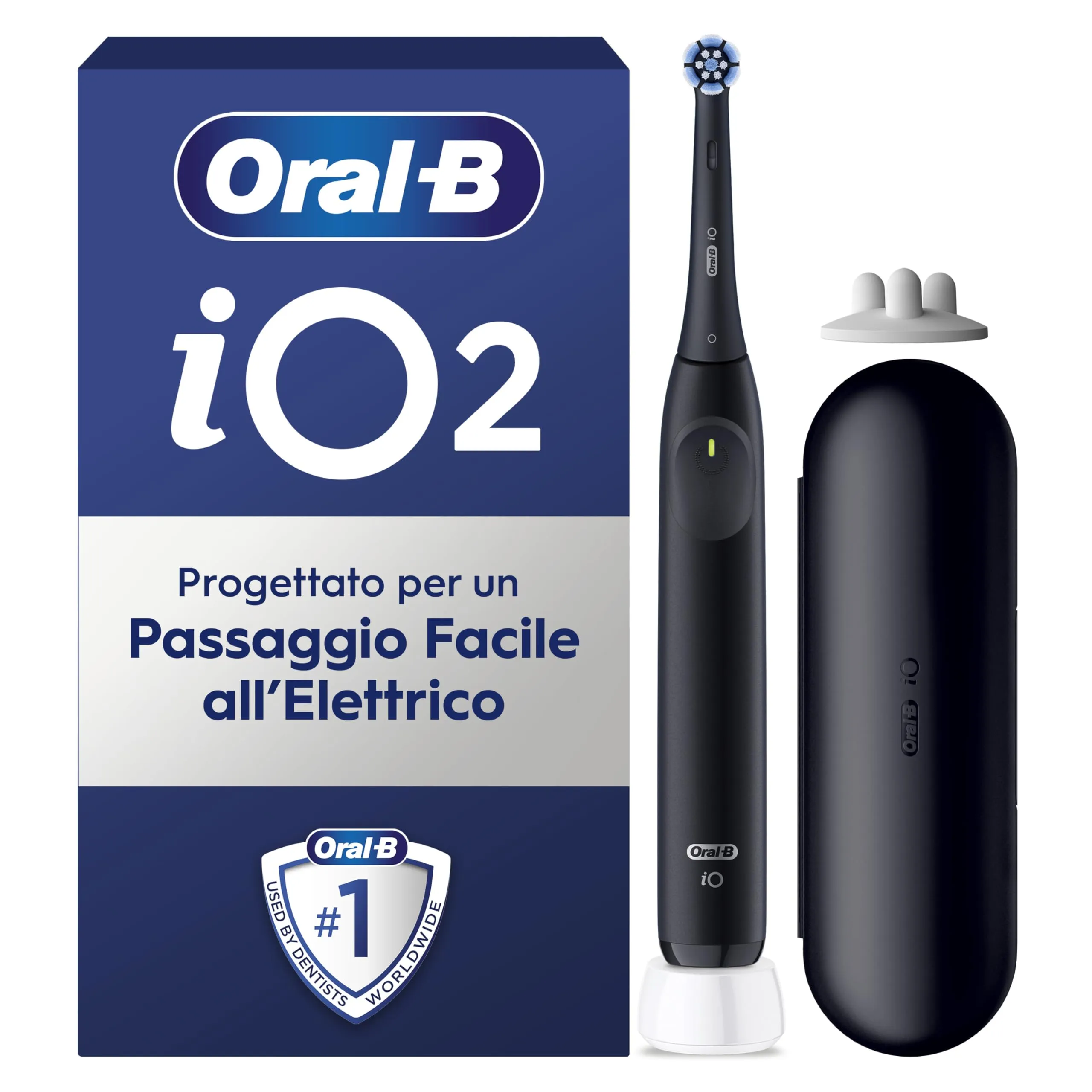 Oral-B iO 2 Spazzolino Elettrico Oral B, Nero, 1 Testina Di Ricambio, 1 Custodia Da Viaggio, Supporto per testine, Spazzolino, Delicato sulle Gengive, Efficace sulla placca, Sensore di Pressione