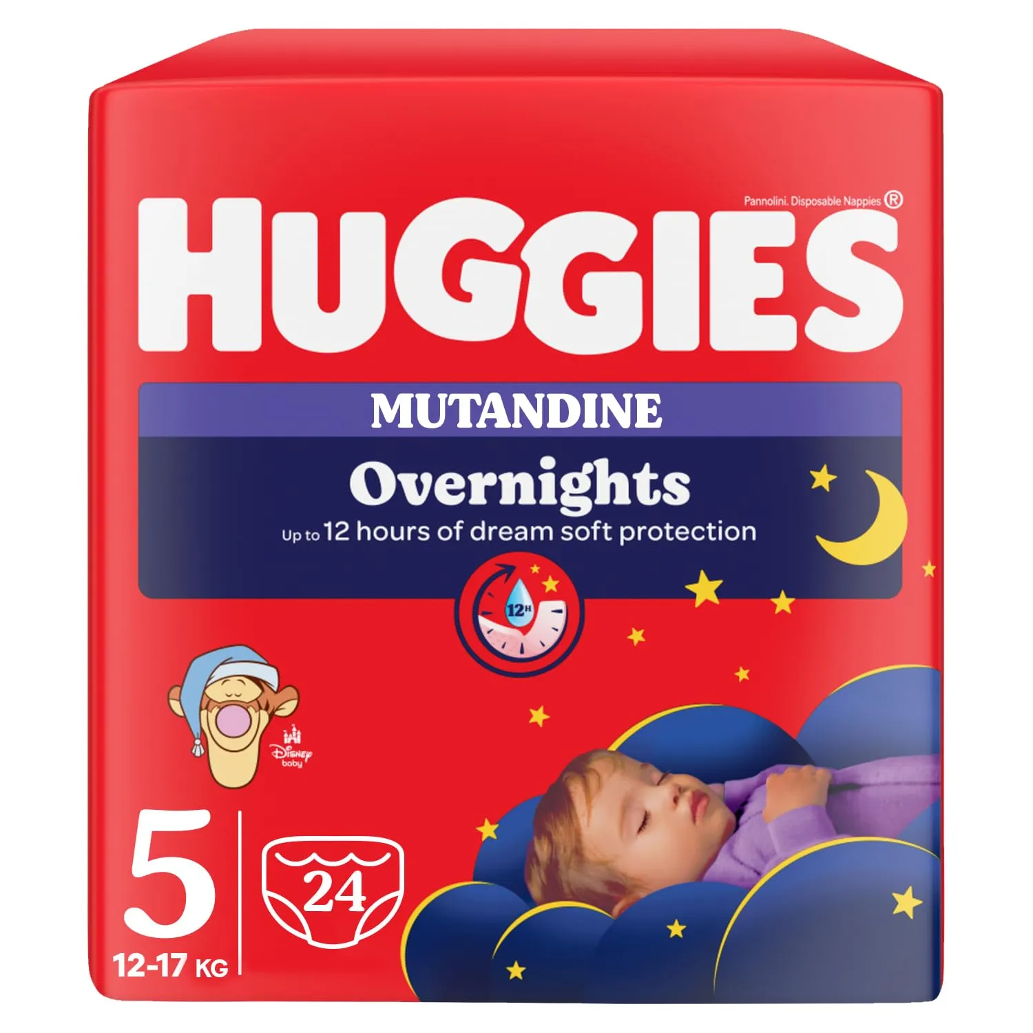 Huggies Overnight Pannolini Notte Bambino, Taglia 5 (12-17 Kg), Pannolini Assorbenti per la Notte, Design Disney, Confezione da 24 mutandine
