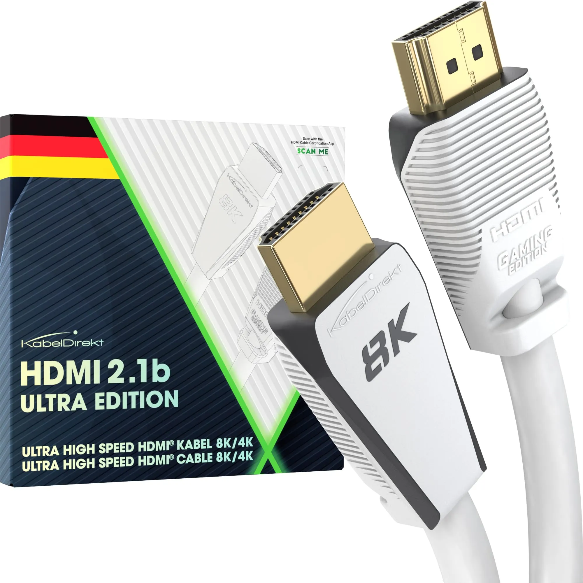 KabelDirekt - Cavo HDMI 2.1 8K, Edizione Gamer Certificata - 3 m (Ultra High Speed/48G per 10K, 144 Hz a 4K, Ottimale per PS5/XBO e PC da Gioco, Monitor/TV, Bianco)