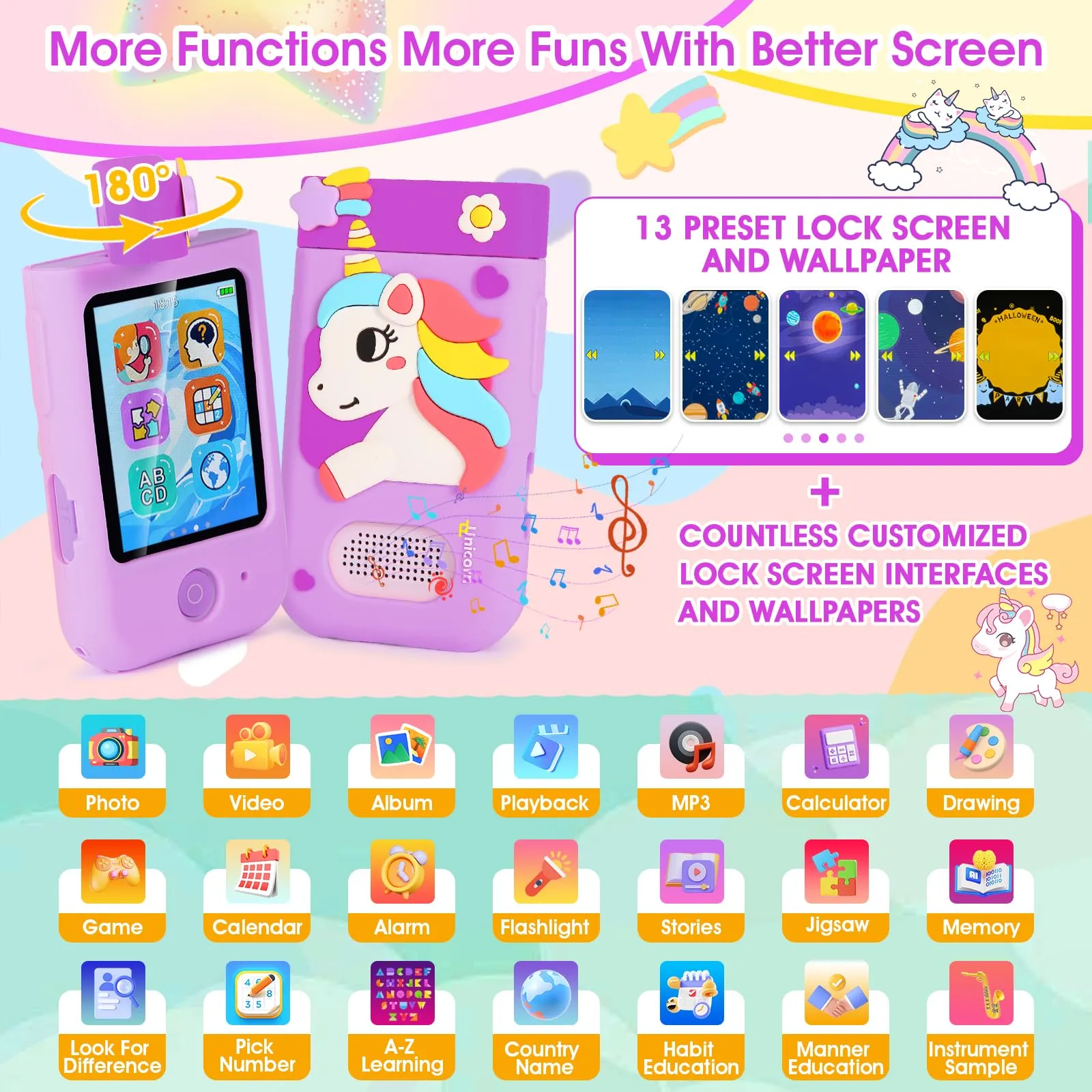 ARNSSIEN - Fotocamera per bambini, con obiettivo girevole a 180°, touchscreen e custodia in silicone, video 1080p, giocattoli per bambini di 3, 4, 5, 6, 7, 8 anni, regalo di Natale e compleanno per