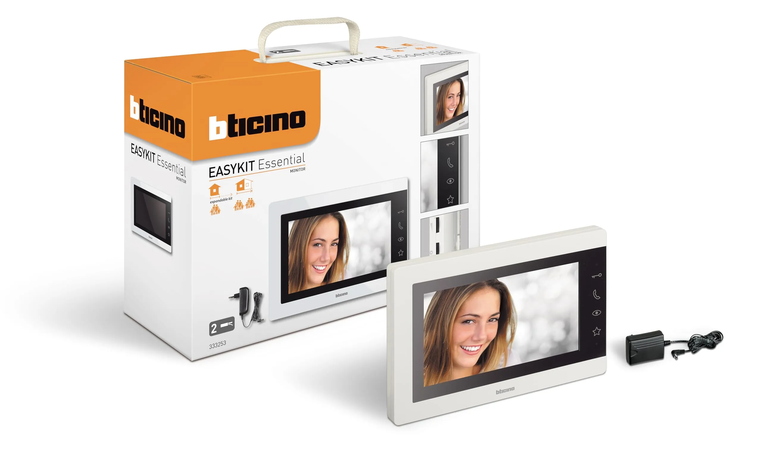 Bticino 333253 VIDEOCITOFONO MONITOR INTERNO AGGIUNTIVO 2 Fili, 7'' a Colori con Vivavoce e Alimentatore con Spina Plug-In, Colore Bianco