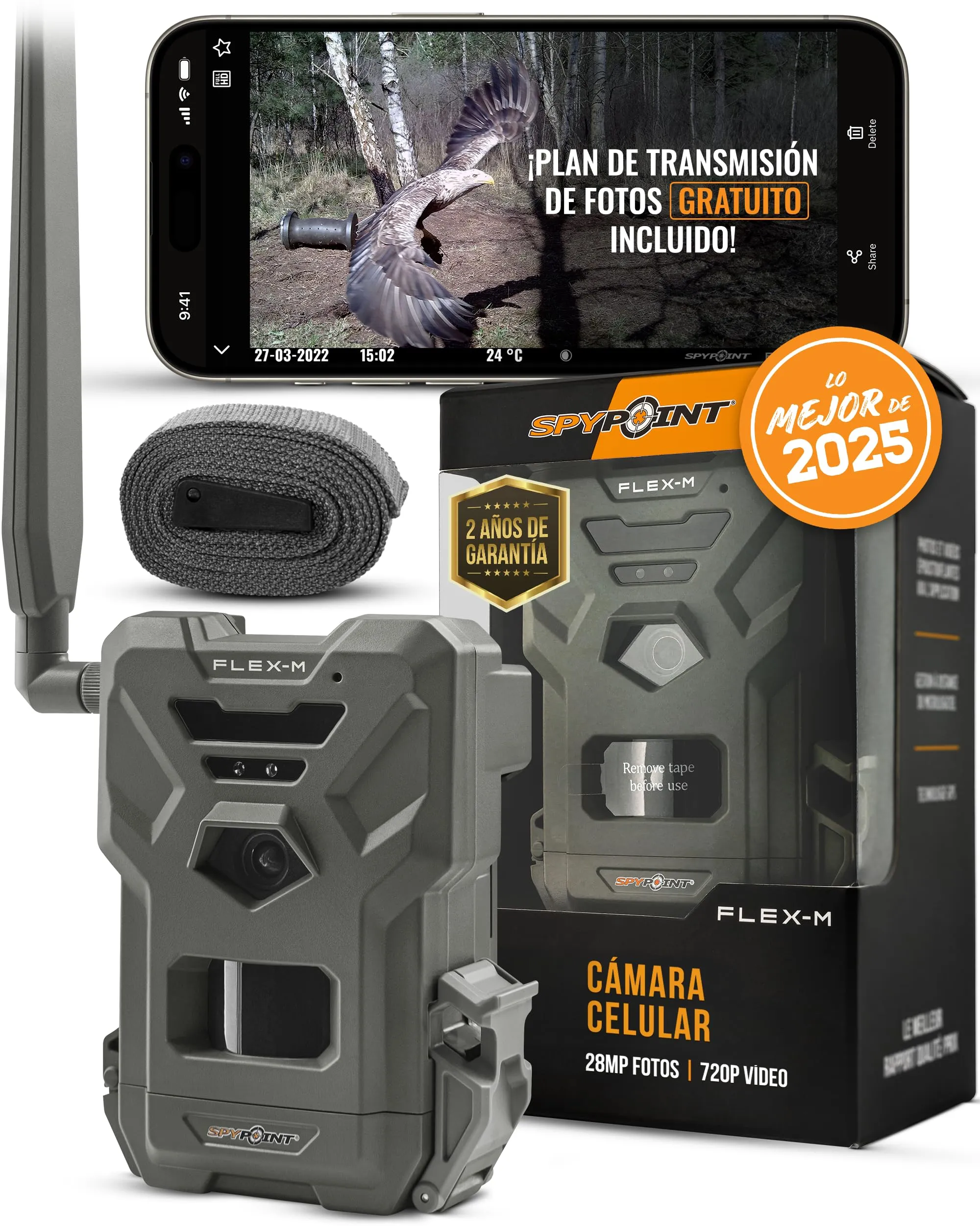 Spypoint Flex-M - Fotocamera per animali selvatici con trasmissione di foto e video, 28 megapixel, telecamera per animali selvatici con visione notturna, app gratuita per il tuo smartphone