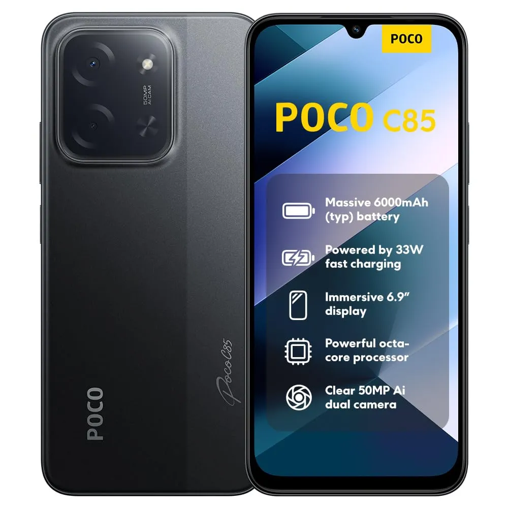 XIAOMI POCO C85, Smartphone 6+128GB, Display 6,9" 120Hz 7,99mm Design, MediaTek Helio G81-Ultra Octa-core, Doppia fotocamera AI da 50MP, 6000mAh, garanzia di 2 anni, Nero, Caricabatteria non incluso