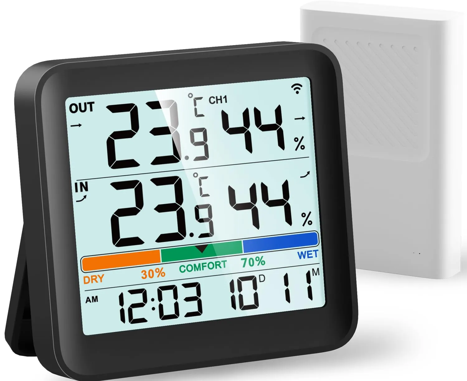 VOCOO Termometro per Interni ed Esterni Igrometro Monitor di Umidità Misuratore di Temperatura Digitale Stazioni Meteo con Retroilluminazione LCD Orologio Data Valore Min/Max Indicatore di Comfort
