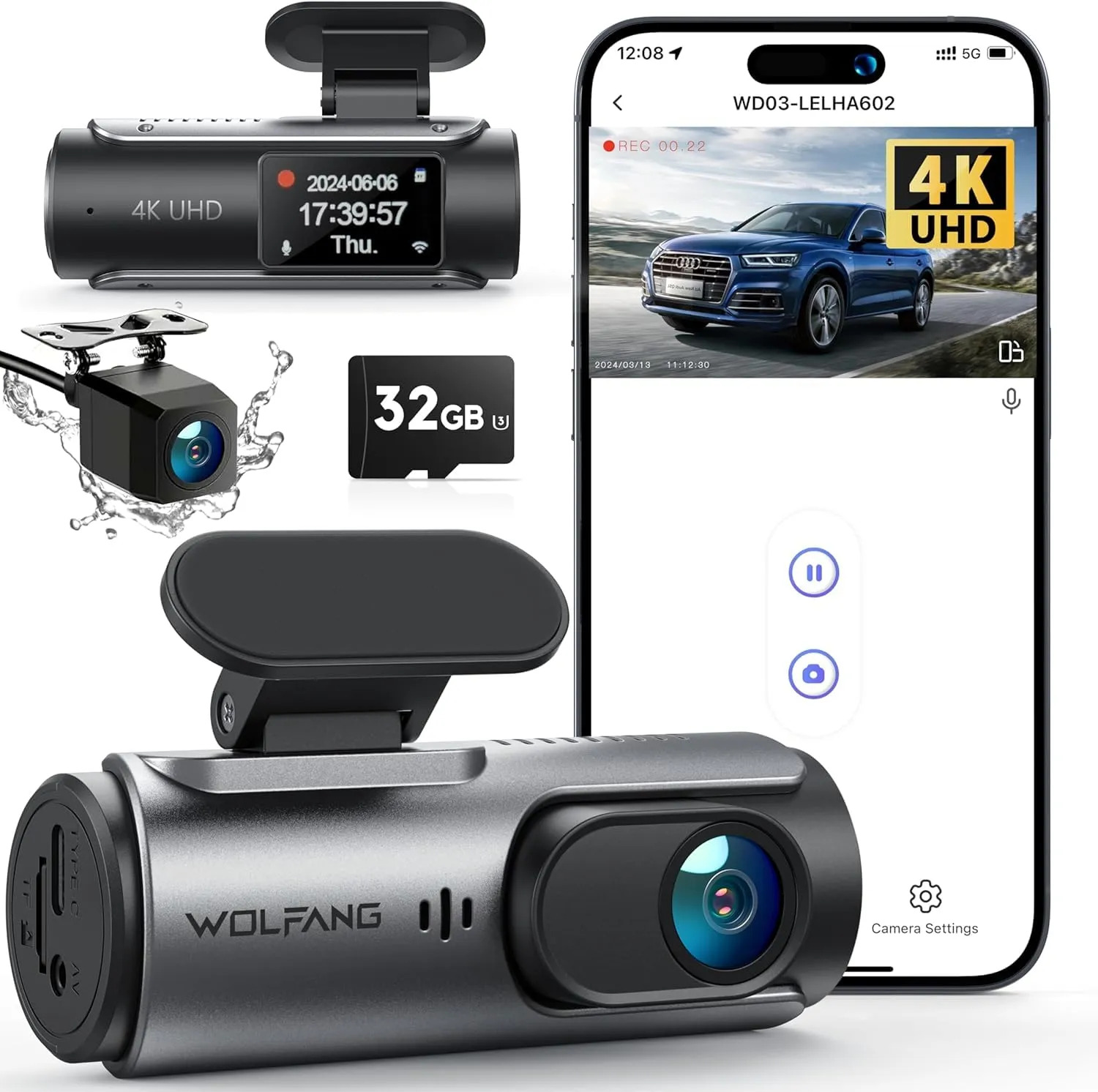 WOLFANG Dash Cam Auto 4K, Doppia WiFi Dashcam per Auto con Scheda SD 32G, Telecamera Auto 170° Grandangolo, Visione Notturna,G-Sensor, WDR, Monitor di Parcheggio, Registrazione in Loop