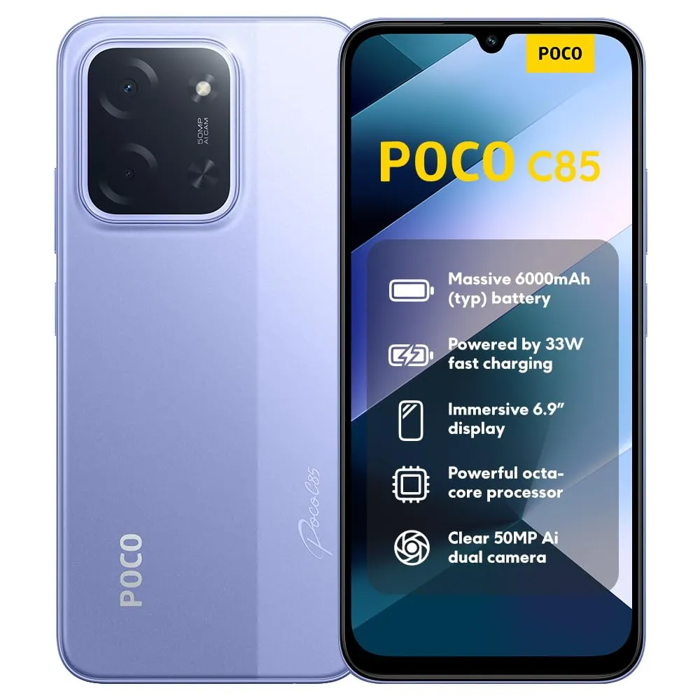 XIAOMI POCO C85, Smartphone 8+256GB, Display 6,9" 120Hz 7,99mm Design, MediaTek Helio G81-Ultra Octa-core, Doppia fotocamera AI da 50MP, 6000mAh, garanzia di 2 anni, Viola, Caricabatteria non incluso