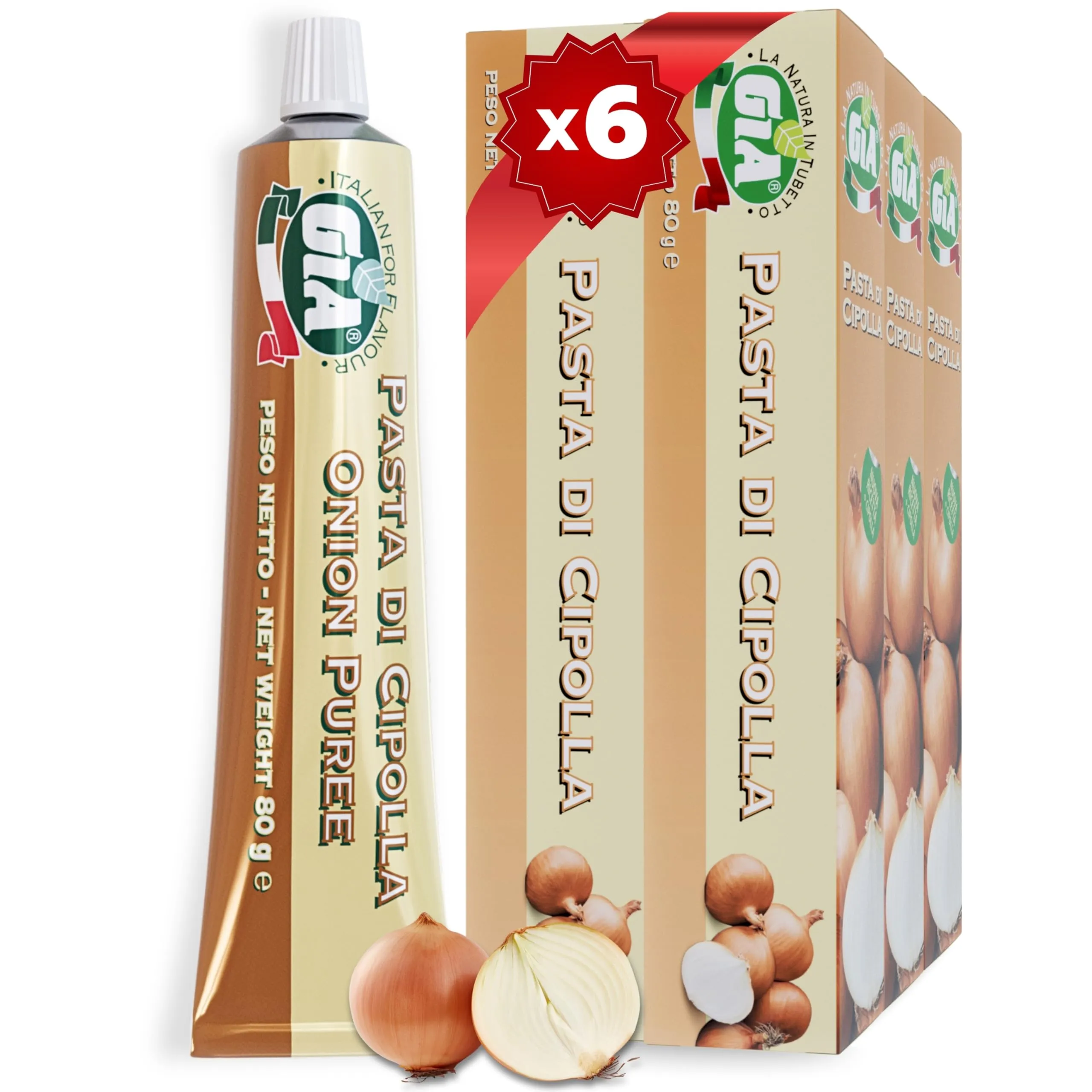 GIA Pasta di Cipolla, 6 Tubetti da 80g – Ideale per l'Aperitivo, per Insaporire Antipasti, Toast e tante Ricette, Senza Glutine, Confezione Riciclabile e Anti-Spreco