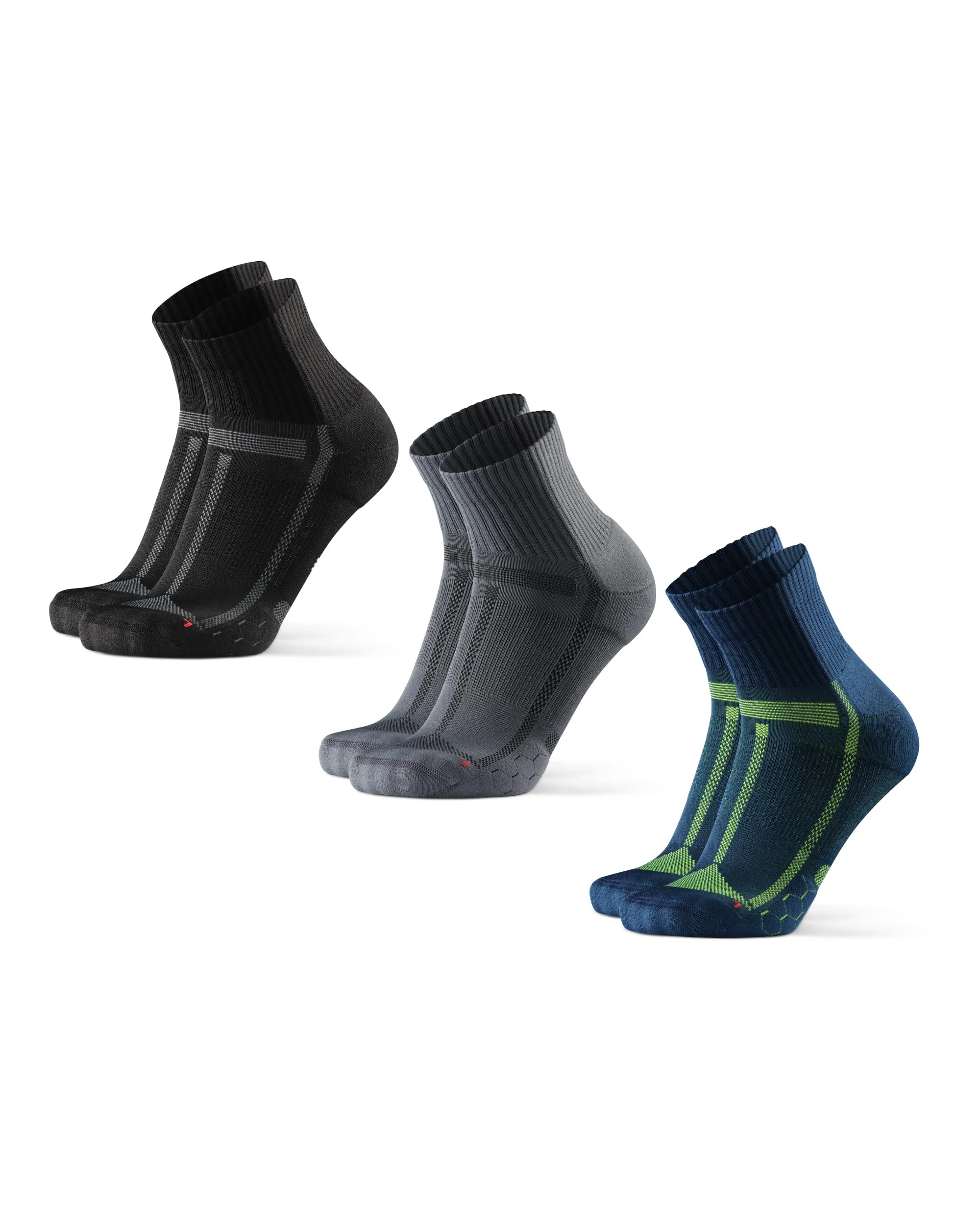 DANISH ENDURANCE Calzini da Corsa Anti-Vesciche, Calze Antiscivolo per Sport e Running, per Uomo e Donna, 3 Paia, Multicolore (1 x Nero/Grigio, 1 x Grigio/Nero, 1 x Blu/Giallo), 43-47