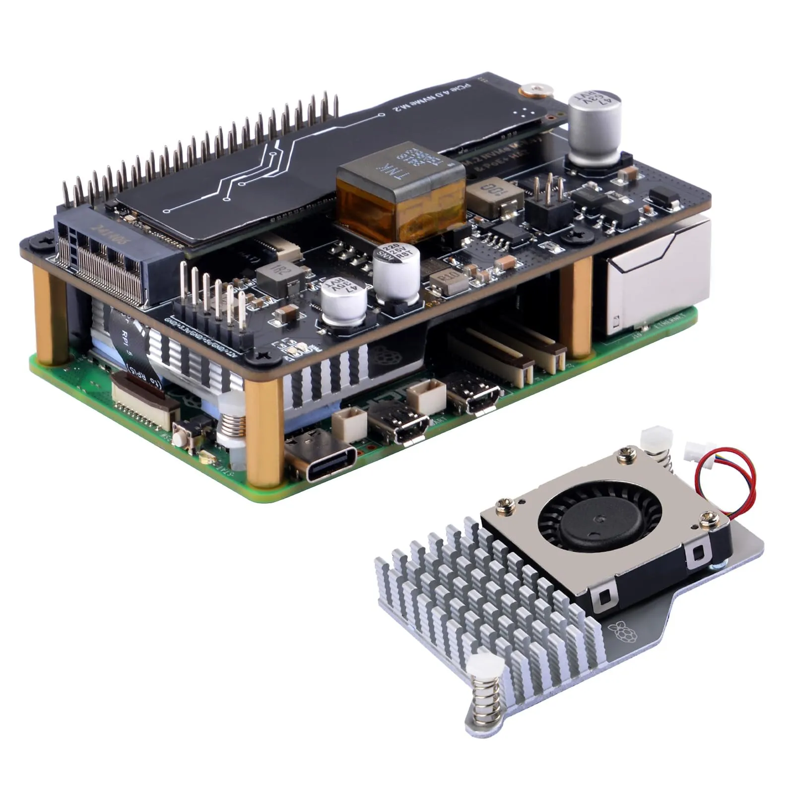 GeeekPi P33 M.2 NVME M-Key PoE+ Cappello per Raspberry Pi 5, con ufficiale Raspberry Pi 5 Active Cooler, Supporto M.2 NVMe SSD 2230 2242 2260 2280