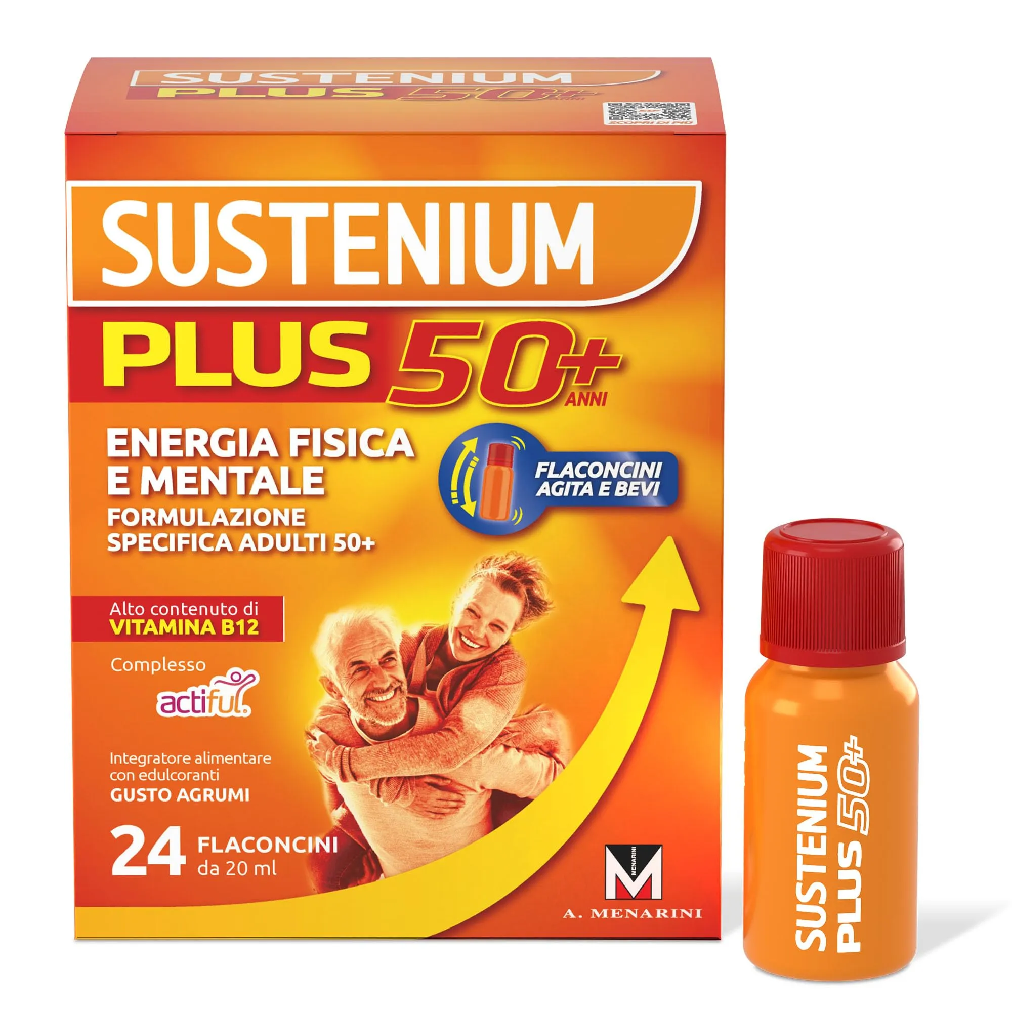 Sustenium Plus 50+ è un integratore alimentare energizzante con una formulazione specifica per gli adulti 50+ in pratici flaconcini. Energia in un sorso, confezione da 24 flaconcini (20 ml)