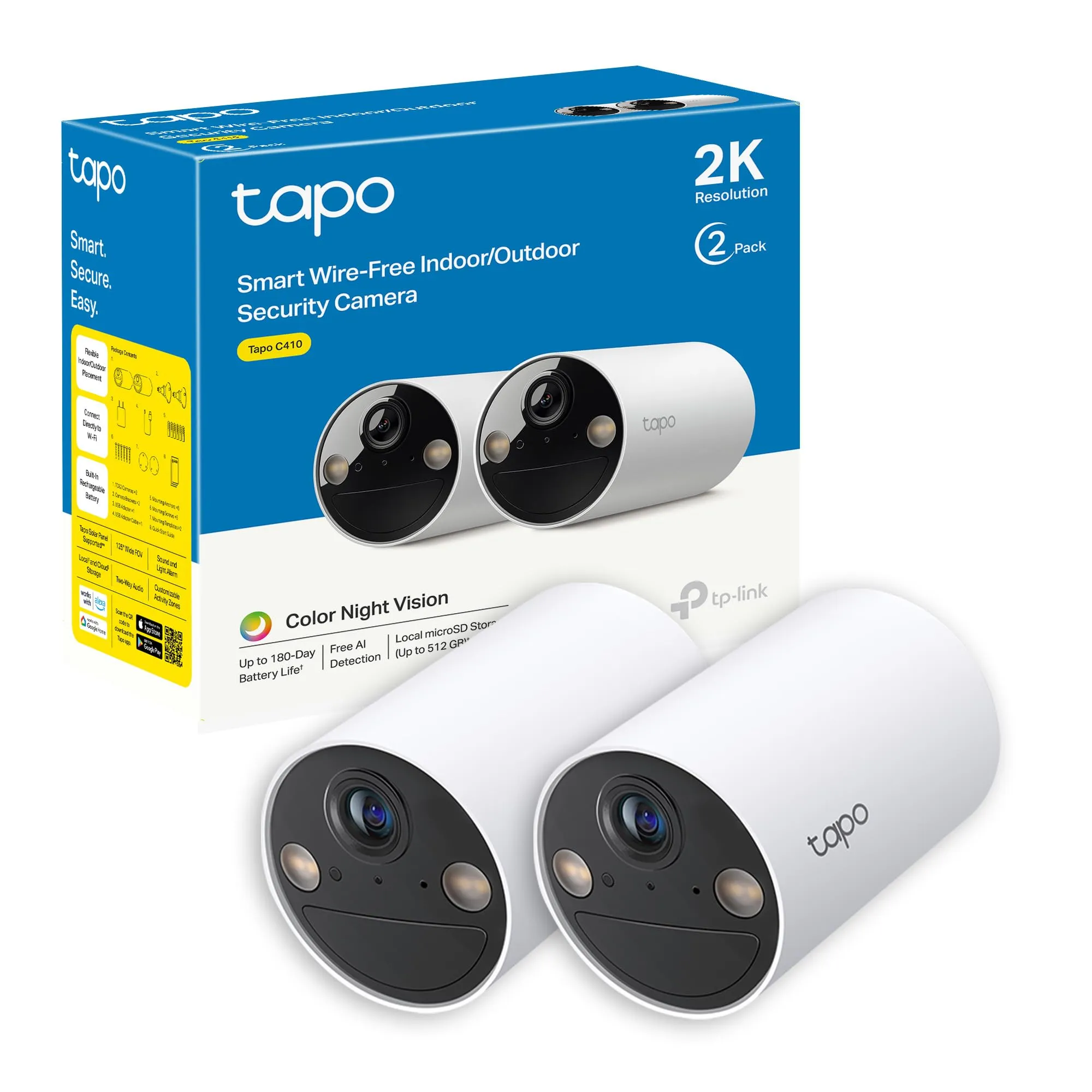 Tapo C410 Telecamera per Interni ed Esterni Senza Fili, 2K 3MP, Batteria durata fino a 180 Giorni dopo una Singola Carica, Visione Notturna a Colori, Allarme Con Rilevamento del Movimento, IP65, 2 Pz