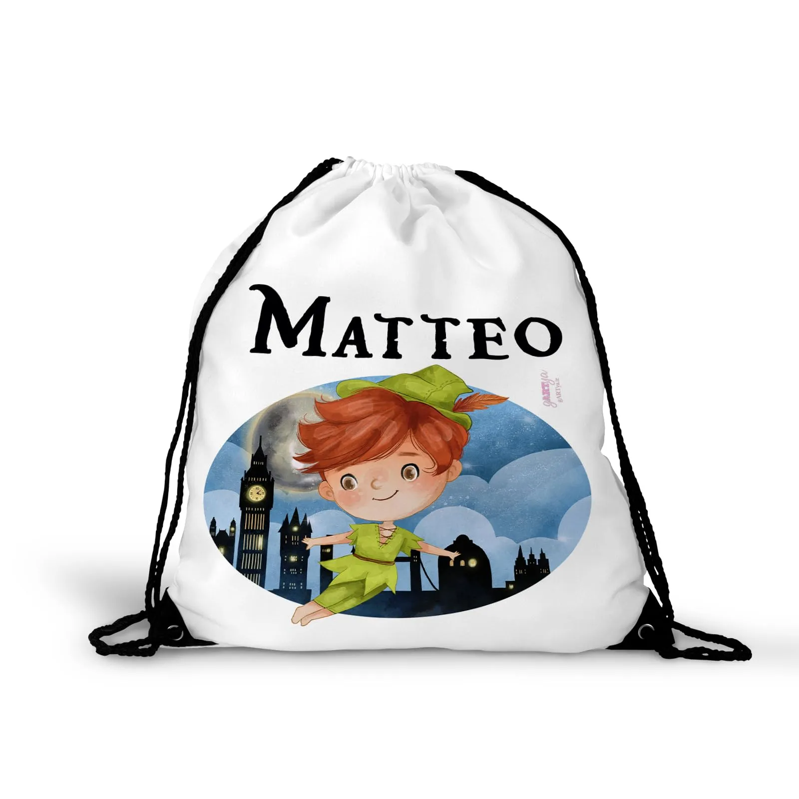 Zainetto Peter Pan personalizzato con nome sacca scuola e asilo tempo libero sport ritorno a scuola disegno a scelta