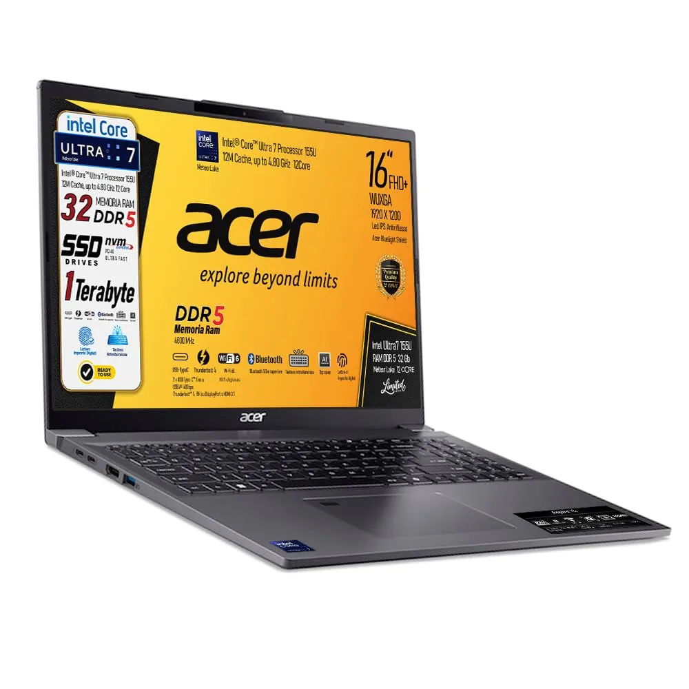 acer PC portatile Aspire Core i7-13620H, Raptor Lake, Ram DDR5 32Gb, SSD Pcie 2Tb, Display 15,6" FHD IPS BlueLightShiled, Tastiera retroilluminata, fingerprint, thunderbolt, Win 11Pro, pronto all'uso