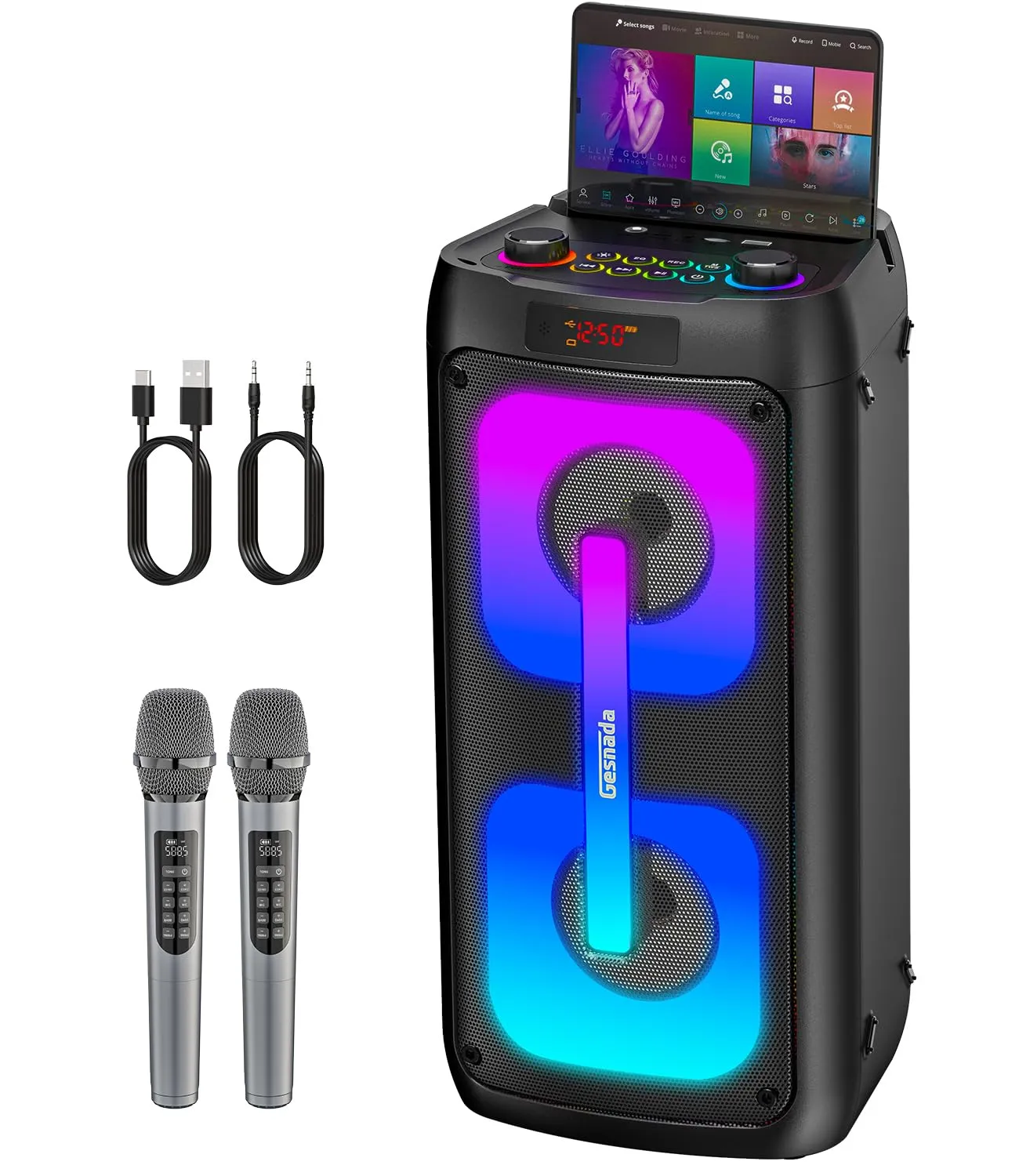 Macchina per Karaoke per Adulti, altoparlante Bluetooth Portatile con 2 Microfoni Wireless Sistema PA con luci da discoteca, ideale per grandi feste all'aperto, con supporto USB/TF/REC/FM/AUX