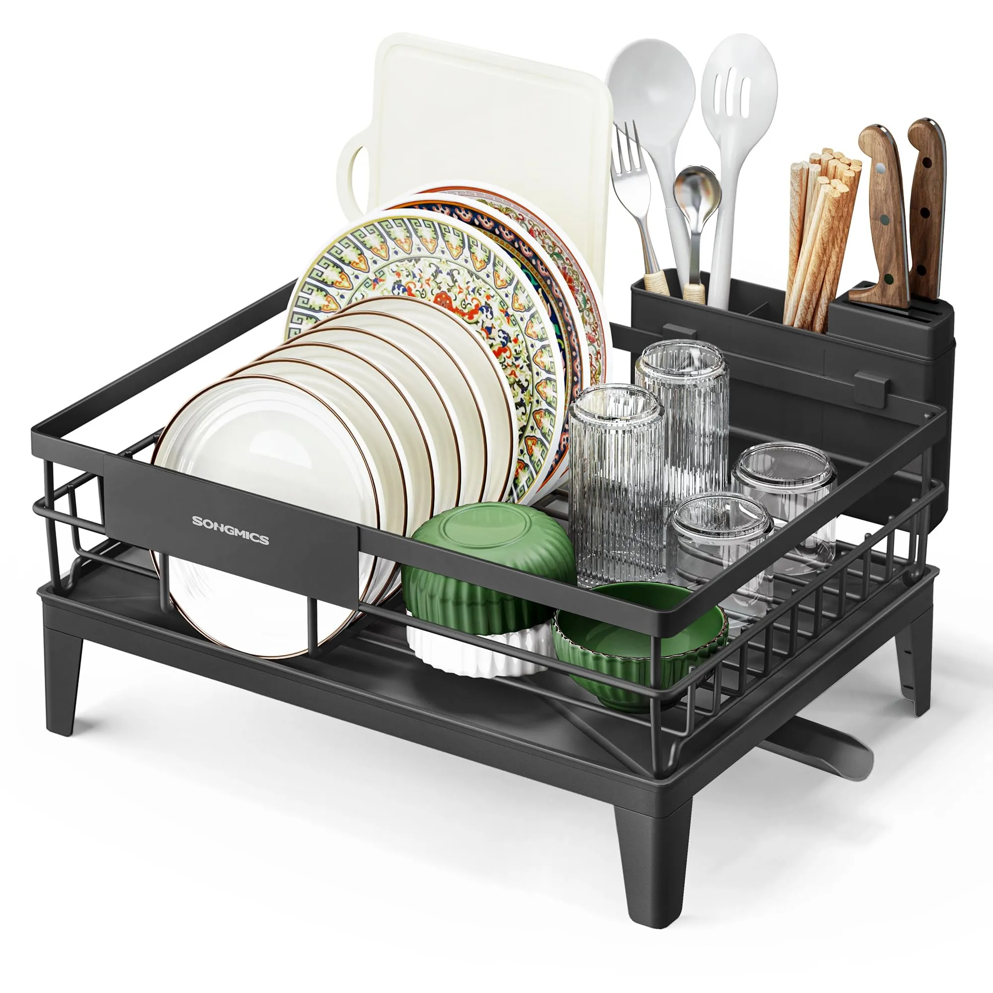 SONGMICS Scolapiatti, Portapiatti da Cucina, Beccuccio Estensibile e Girevole a 360°, Raccogligocce, con Portaposate, 31 x 42 x 18,5 cm, Nero Inchiostro KCS550B01