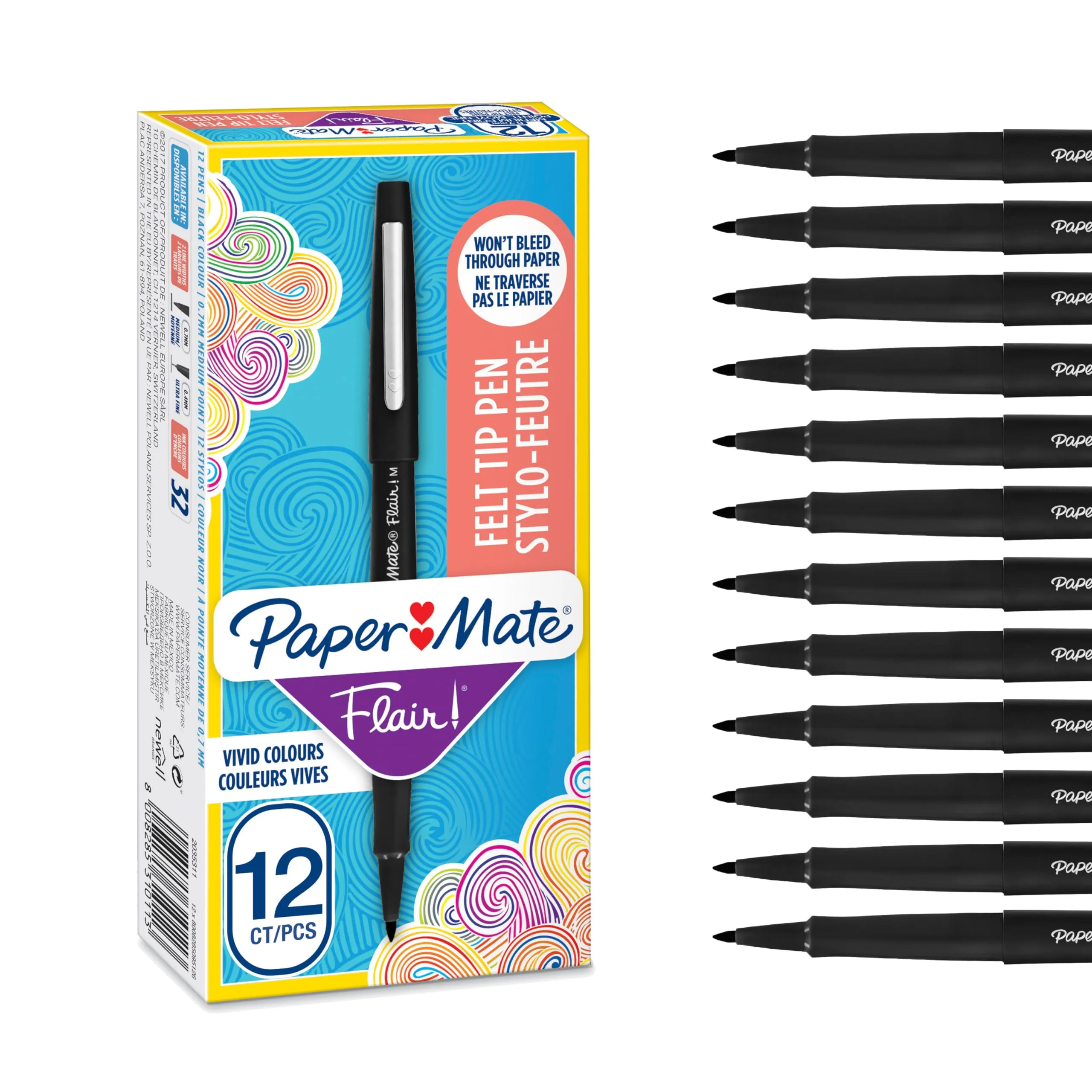 Paper Mate Flair Penna, Punta Media da 1.1 mm, Nero, Scatola da 12