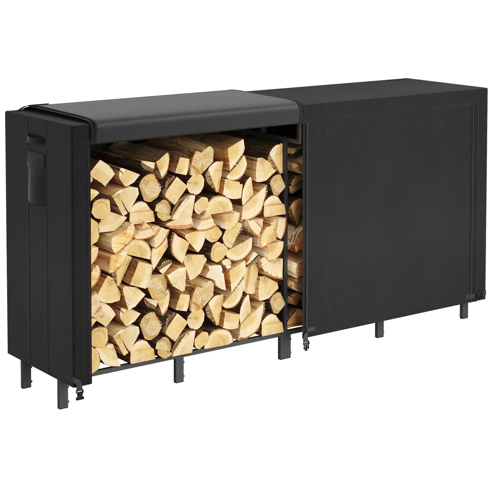 Lifewit Portalegna da Interno, 243,8×58,5×122cm Porta Legnaia da Esterno Porta Legna Portalegna Legna da Ardere con Copertura Impermeabile Tasca Laterale per Esterno, Nero