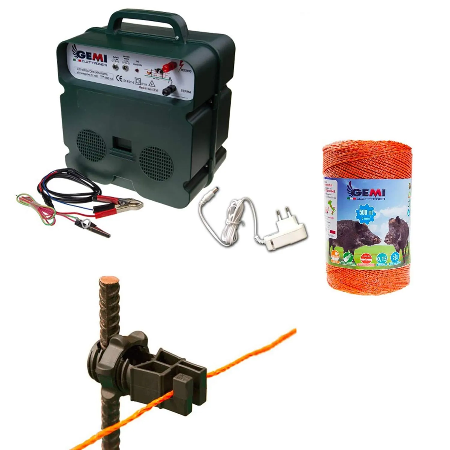 Gemi Elettronica Kit Professionale Recinto Elettrico 12V/220V con Filo 500m e Isolatori