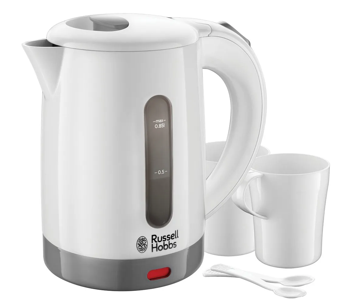 Russell Hobbs Bollitore Elettrico Piccolo - Bollitore da Viaggio da 0,85 L con Regolazione Della Tensione per Tutto Il Mondo - 1000 W; 2 Tazze e 2 Cucchiaini, Beccuccio Ottimizzato, 23840-70