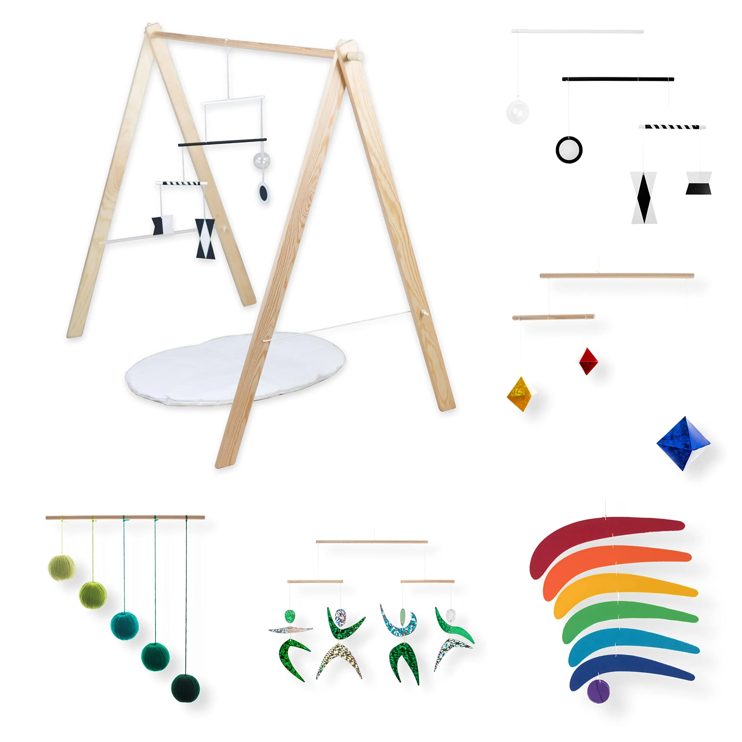 Set of 5 Montessori inspired mobiles with gym holder - Black and white mobile, Green Gobbi, Dancers, Octahedron, Rainbow. Montessori mobile. Baby mobile. Hanging mobile. Crib toy.