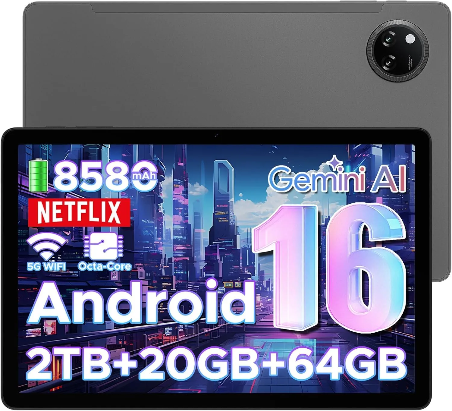 DOOGEE Tab A9+ Android 16 Tablet 11 Pollici, 20GB(4+16) RAM+64GB/2TB TF, 8580mAh, WiFi5, 1280*800 IPS, Gemini AI, 13MP+5MP, Tablet in Offerta Unisoc T7200 Octa Core/OTG/Face ID/Widevine L1/GPS-Grigio