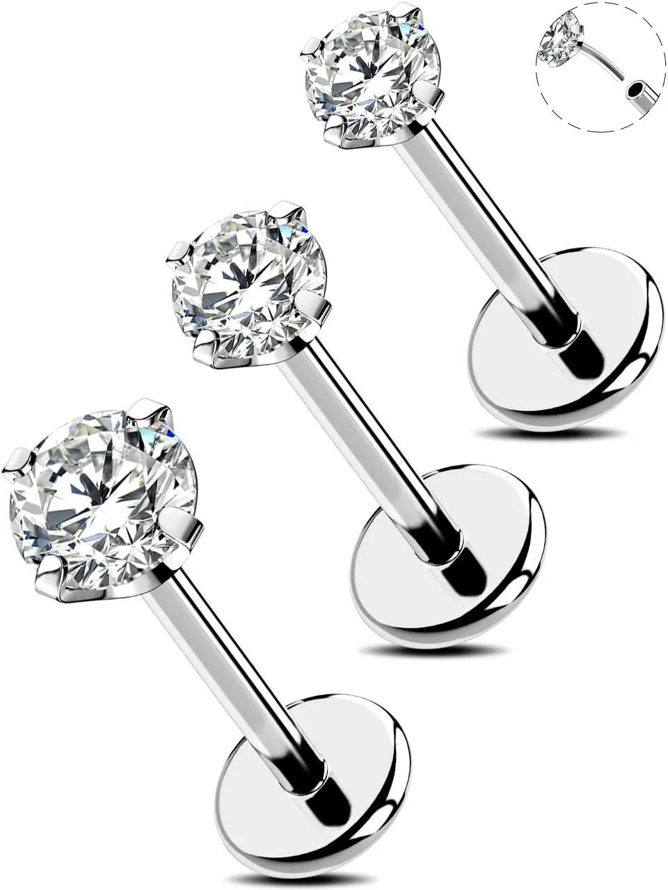 OUFER Piercing da naso da 20 G per narice 3 pezzi con retro piatto a forma di conchiglia trago elice gioielli senza filettatura in acciaio chirurgico piercing per labbro cartilagine CZ 6 mm