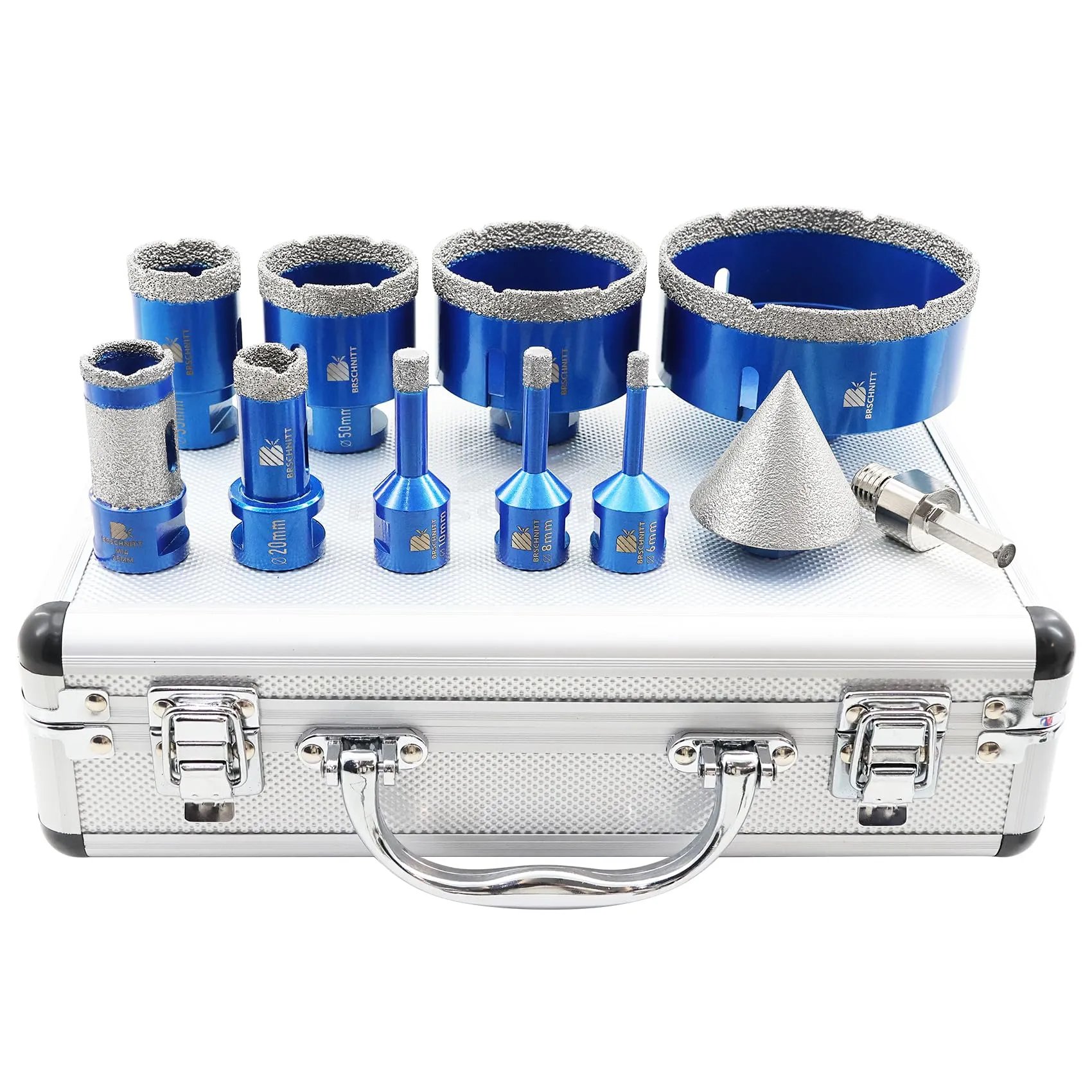 Set di punte diamantate per piastrelle, taglio da 6 / 8 / 10 / 20 / 35 / 50 / 68 / 100 mm, con fresa da 25 / 50 mm, un adattatore per porcellana, granito o marmo, foratura a secco.