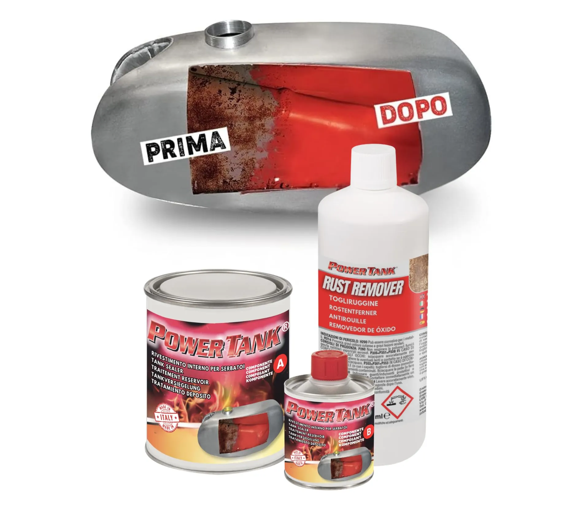 POWER TANK - Trattamento Serbatoio Moto (20/25 Litri) Kit Medio Medium 700 gr per interno Serbatoi benzina Elimina la Ruggine Ripara Protegge Arrugginito da Moto di Auto d'Epoca con Antiruggine