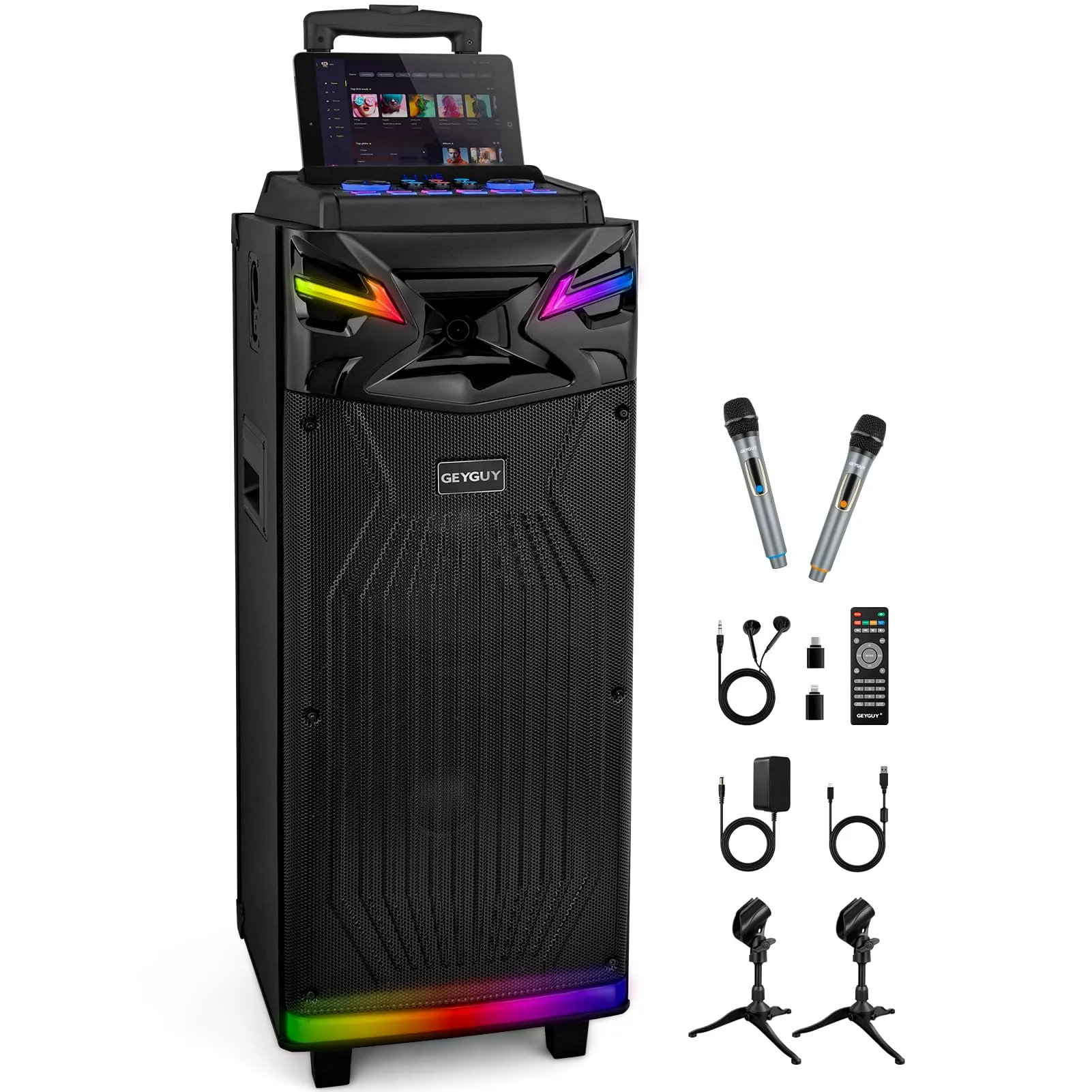 Casse karaoke professionale completo 2 ×10" woofer con 2 microfoni wireless, Altoparlante portatile Bluetooth per feste, Sistema PA, effetti sonori/luci DJ/radio FM per TV/proiettore GTSK210-1