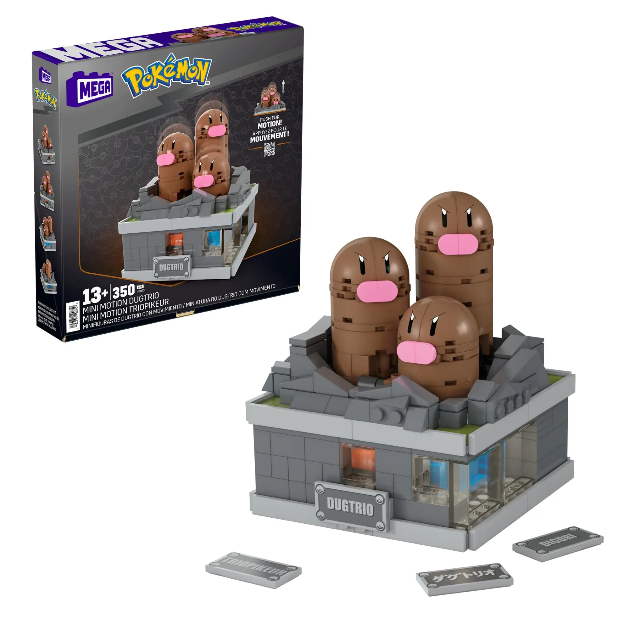 MEGA Pokémon - Dugtrio Mini Motion, set meccanizzato da costruzione con 350 pezzi e sistema Mattoncino movimento a comparsa dei personaggi, set da collezione, giocattolo per bambini, 13+ anni, HTH73