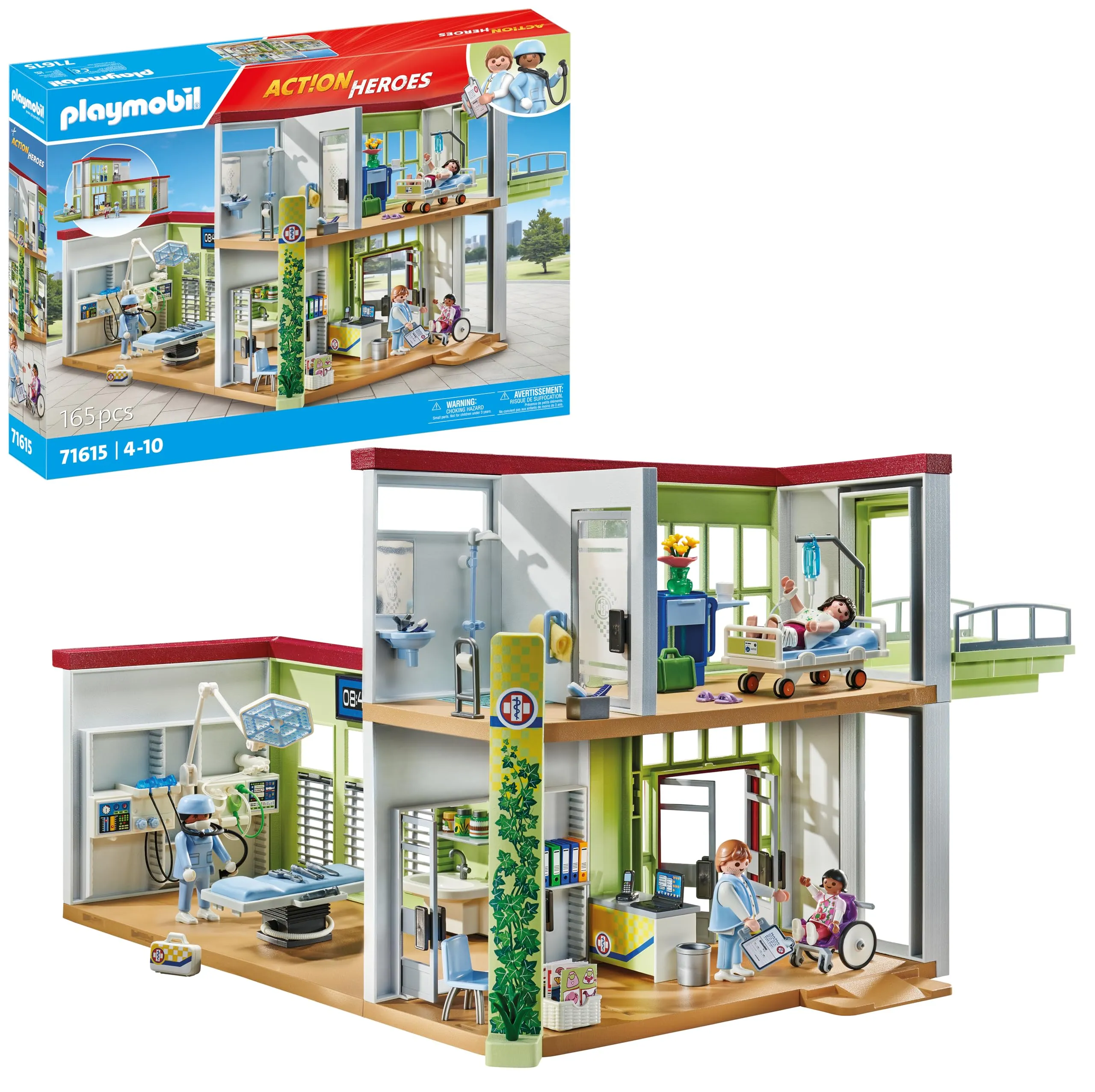 PLAYMOBIL Action Heroes 71615 Ospedale, quattro personaggi e attrezzature mediche, realizzato con oltre l'80% di materiali riciclati e biobased, giocattolo per bambini dai 4 anni in su