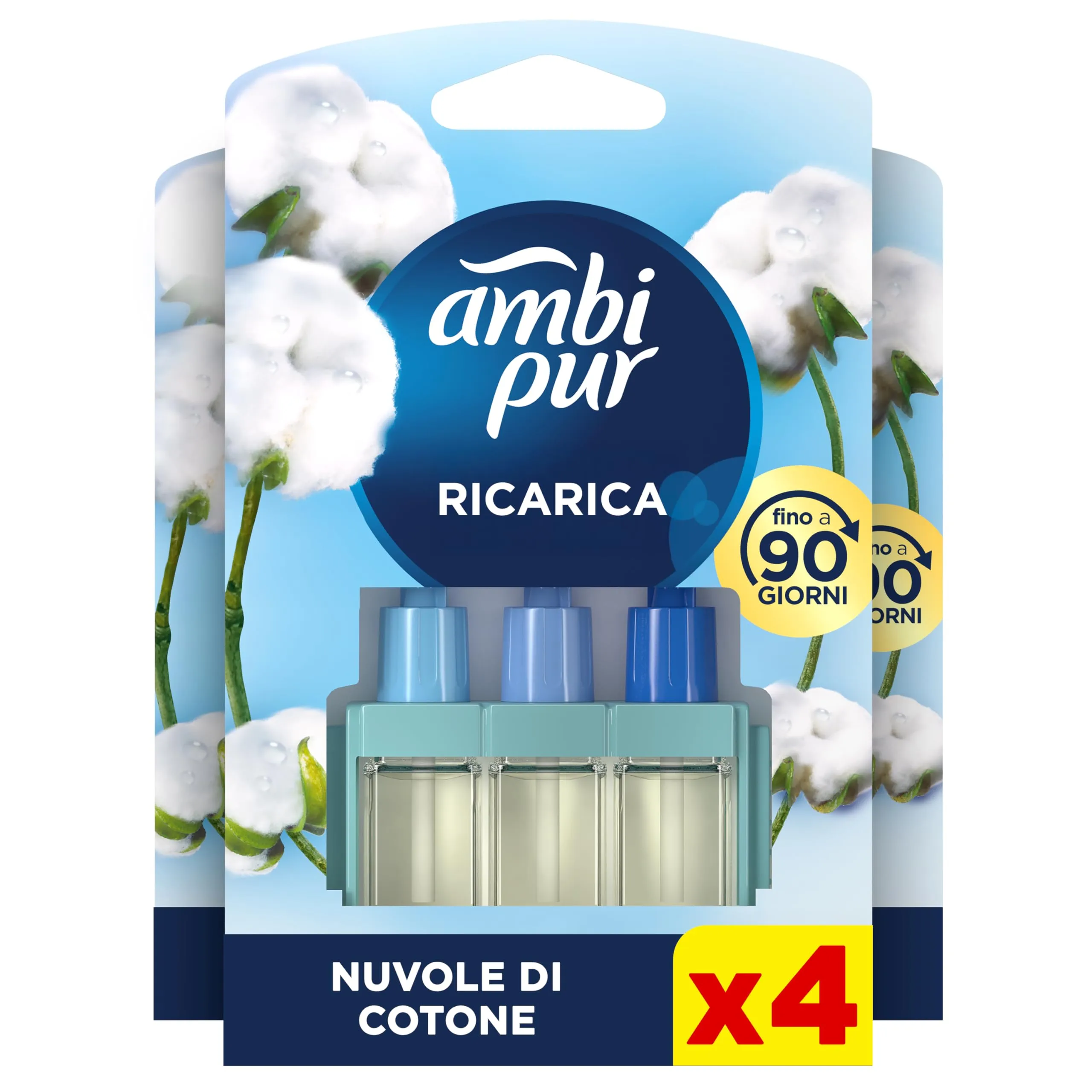 Ambi Pur 3Volution Profumatore per Ambienti, 4 Ricariche per Diffurore Elettrico, Fragranza Nuvole Cotone, tecnologia Elimina Odori, Fino a 90 Giorni di Profumo per Ricarica