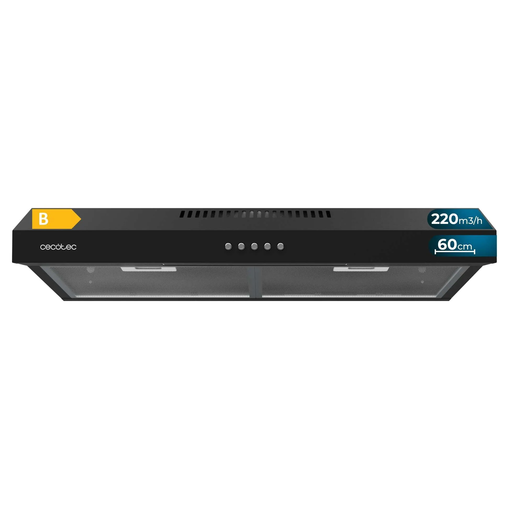 Cecotec Cappa aspirante 60 cm di larghezza Bolero Flux CM 602200 Black B. Potenza di aspirazione 220m3/h, motore 70W, basso consumo, controllo meccanico, 3 livelli di potenza, finitura nera