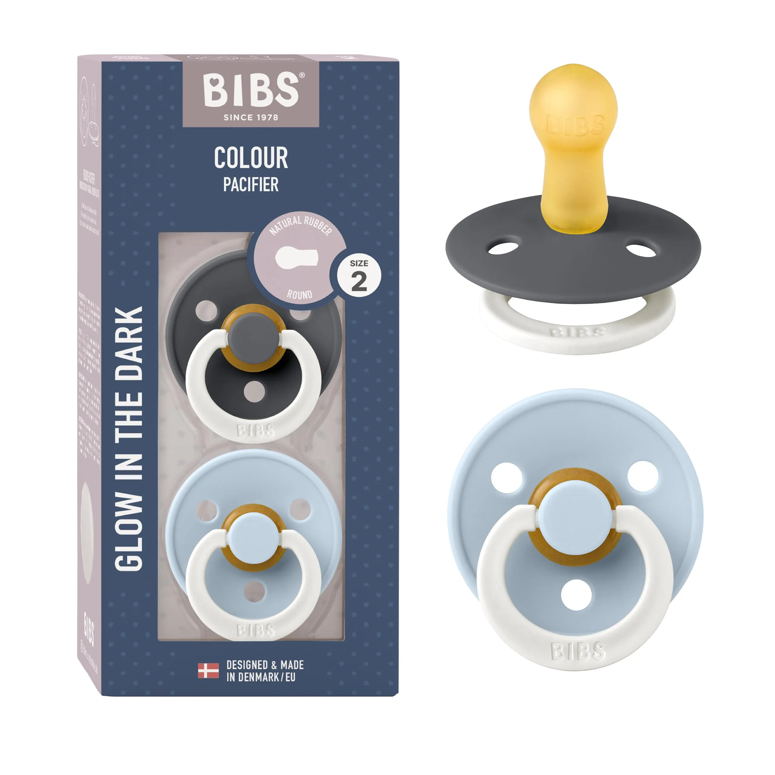 BIBS Colour Ciuccio confezione da 2 pezzi. Privo di BPA, Tettarella tonda. Lattice di gomma naturale, Misura 2 (6-18 mesi), Iron NIGHT/Baby Blue NIGHT