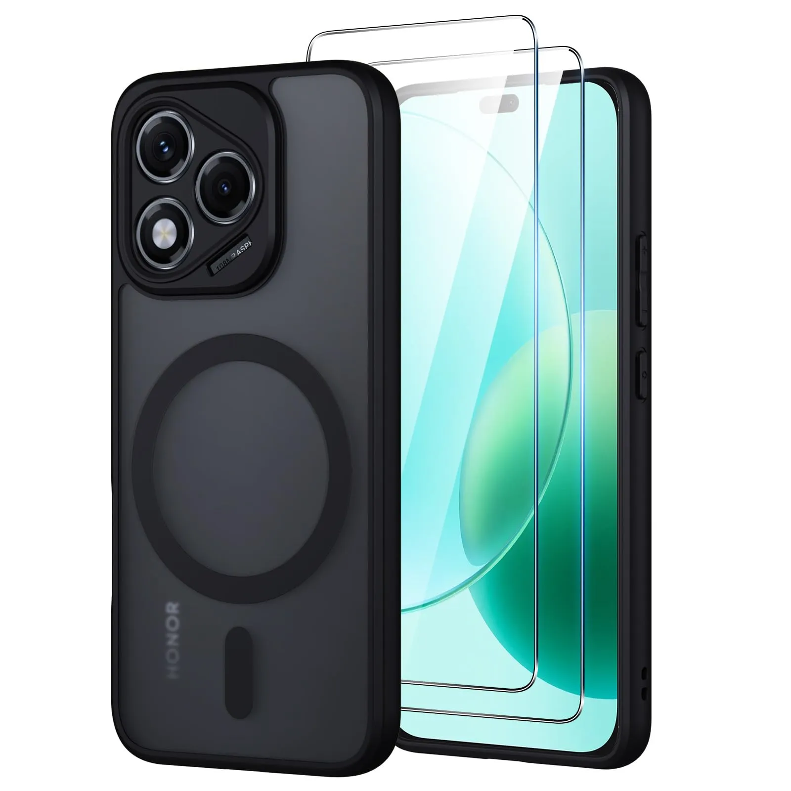 Oelrstfe per Honor 400 Lite 5G Cover Compatibile con MagSafe con 2 Pezzi Vetro Temperato, Custodia Magnetica Traslucida Opaca, [Antiurto Grado Militare] Custodie Posteriore Glassata, Nero