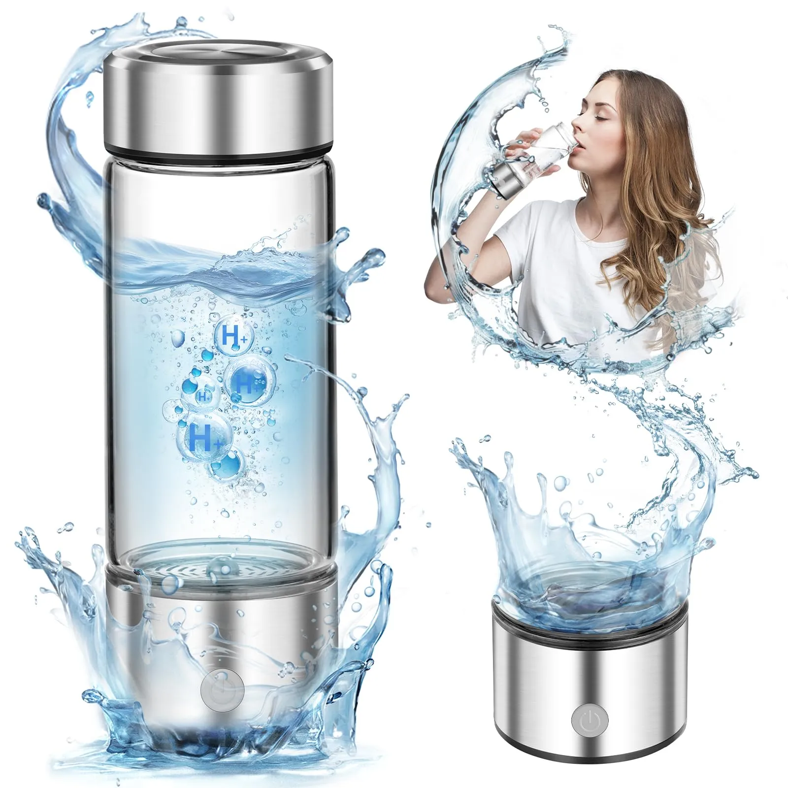 PQETBV Generatore di Idrogeno, Bottiglia D'acqua Idrogenata, Generatore Portatile di Bottiglie di Idrogeno, Ionizzatore D'acqua, Ideale per Ufficio, Viaggi e Lavoro (Argentato)