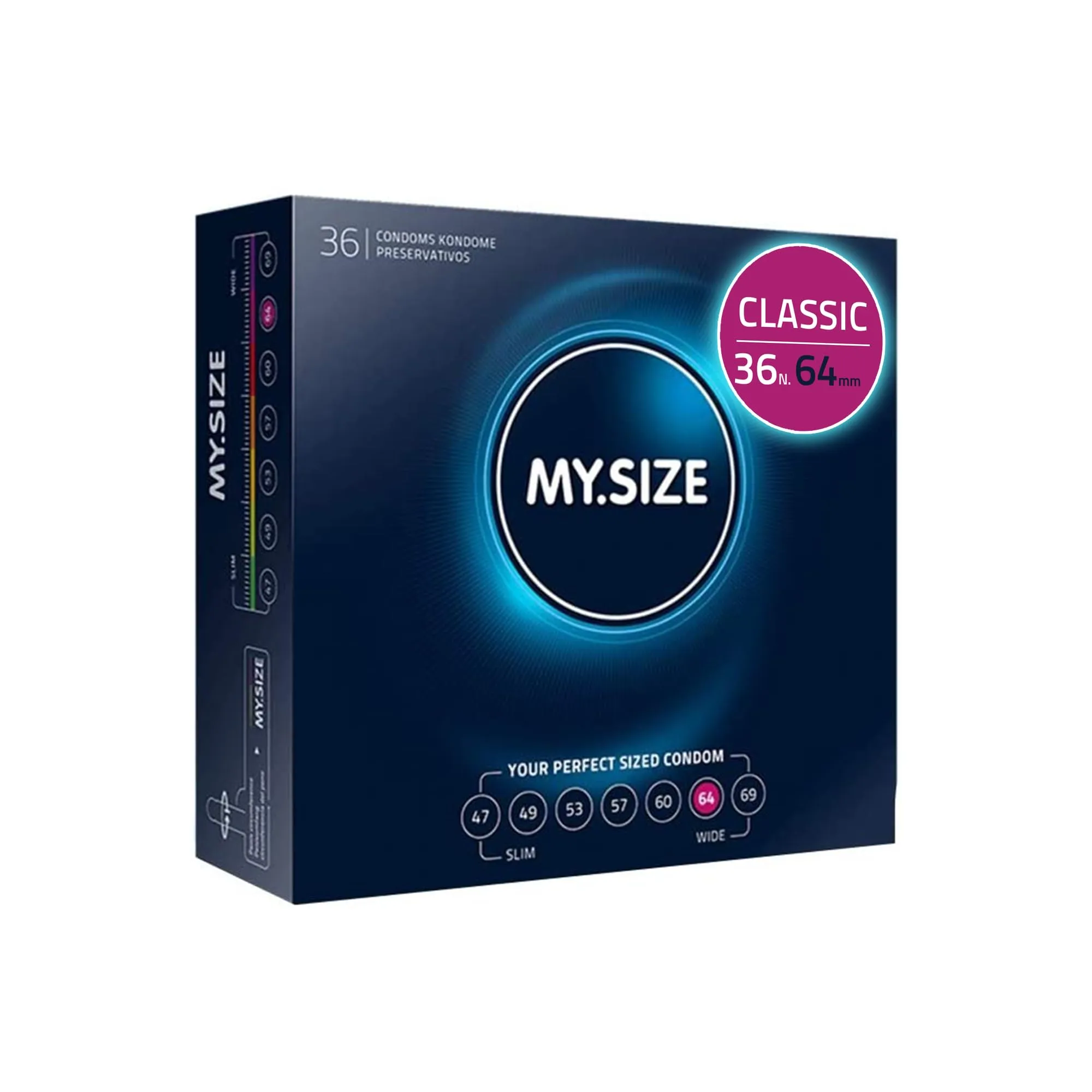 MY.SIZE Preservativi classici misura 6 | 64 mm di larghezza | 36 pezzi confezione mega | premium extra sottili | fedeli al tatto | 0,07 mm di spessore delle pareti