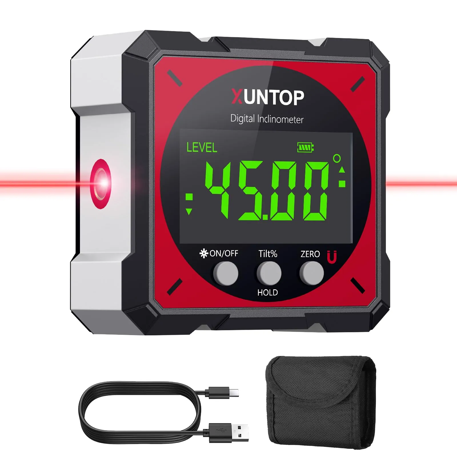 XUNTOP LCD Level Box Digitale Ricaricabile con Laser Elettronico Angle Finder 4x90° con 4 Lati Magnetici con Cavo Type-C per Ricarica Inclinometro Livella Laser Impermeabile con Retroilluminazione