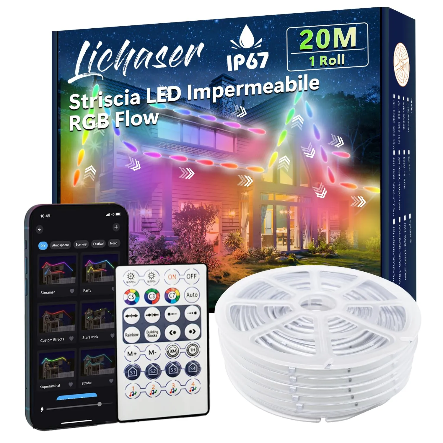 Lichaser Striscia LED per Esterni Strisce LED Impermeabili Fai da te IP67 RGB+IC, Tracciamento e Segmentazione con App BT Etelecomando 2.4G RF per Uso Esterno (20m)