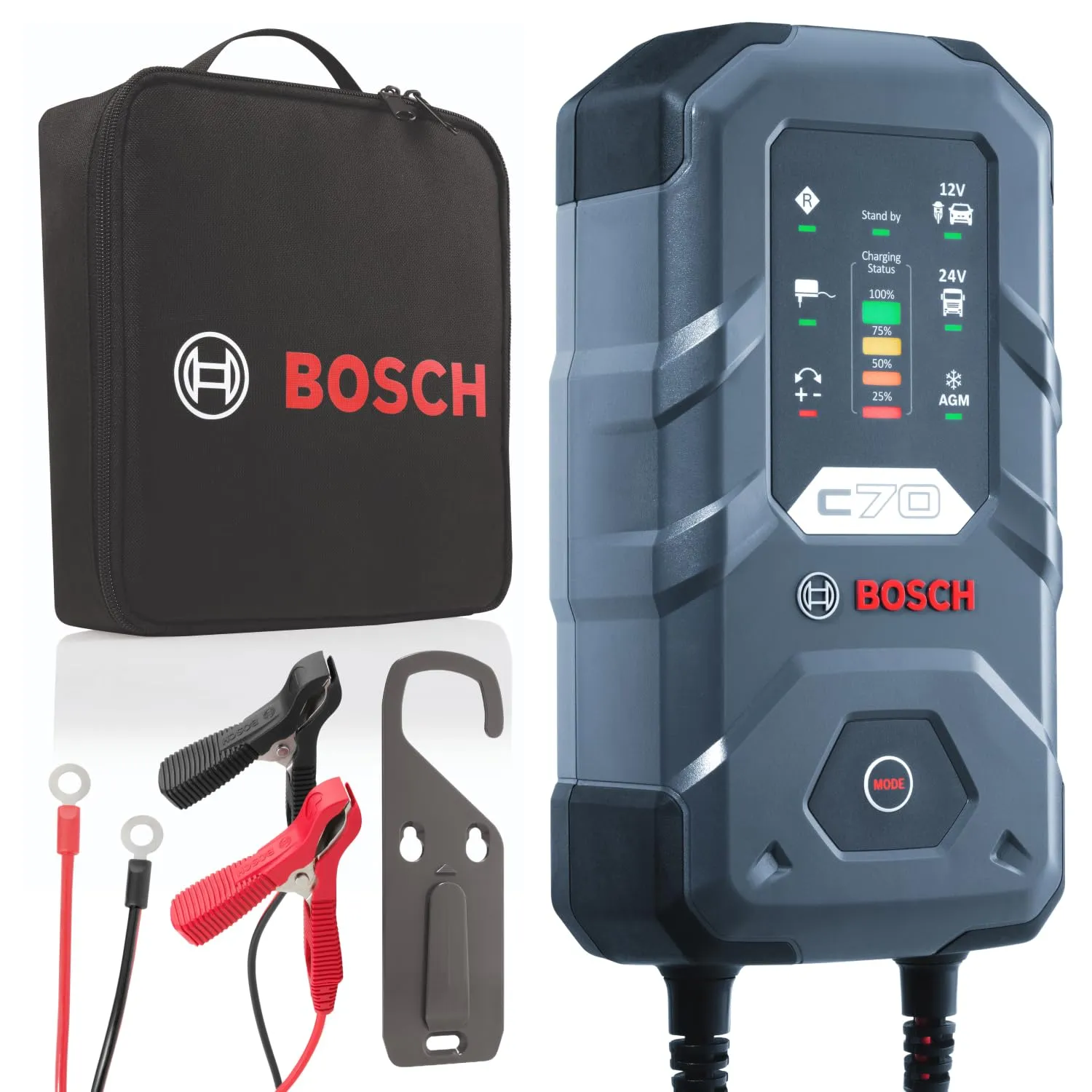 Bosch C70 Caricabatterie per Auto, 12 V - 24 V / 10 A, con Carica di mantenimento - Per batterie al Piombo-Acido, EFB, GEL, AGM e SLI da 12 V / 24 V