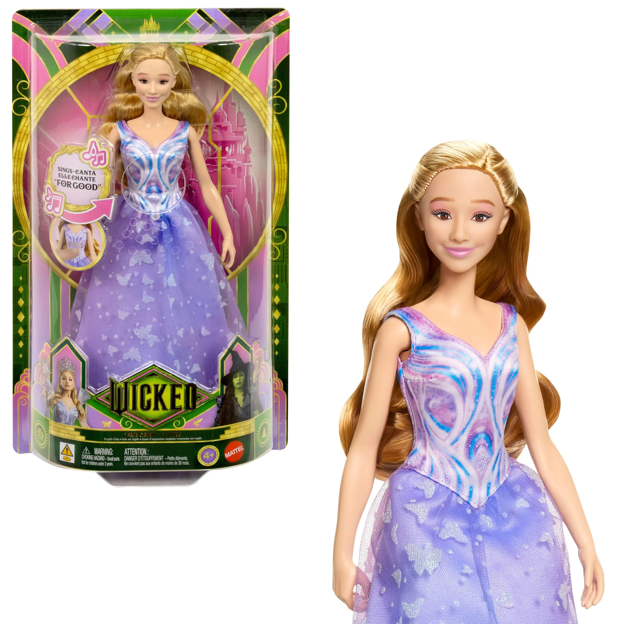 ​Mattel Universal Wicked: For Good - Glinda Cantante, bambola da collezione ispirata al film con abito rimovibile, canta "For Good" in inglese, giocattolo per bambini, 4+ anni, JFM10