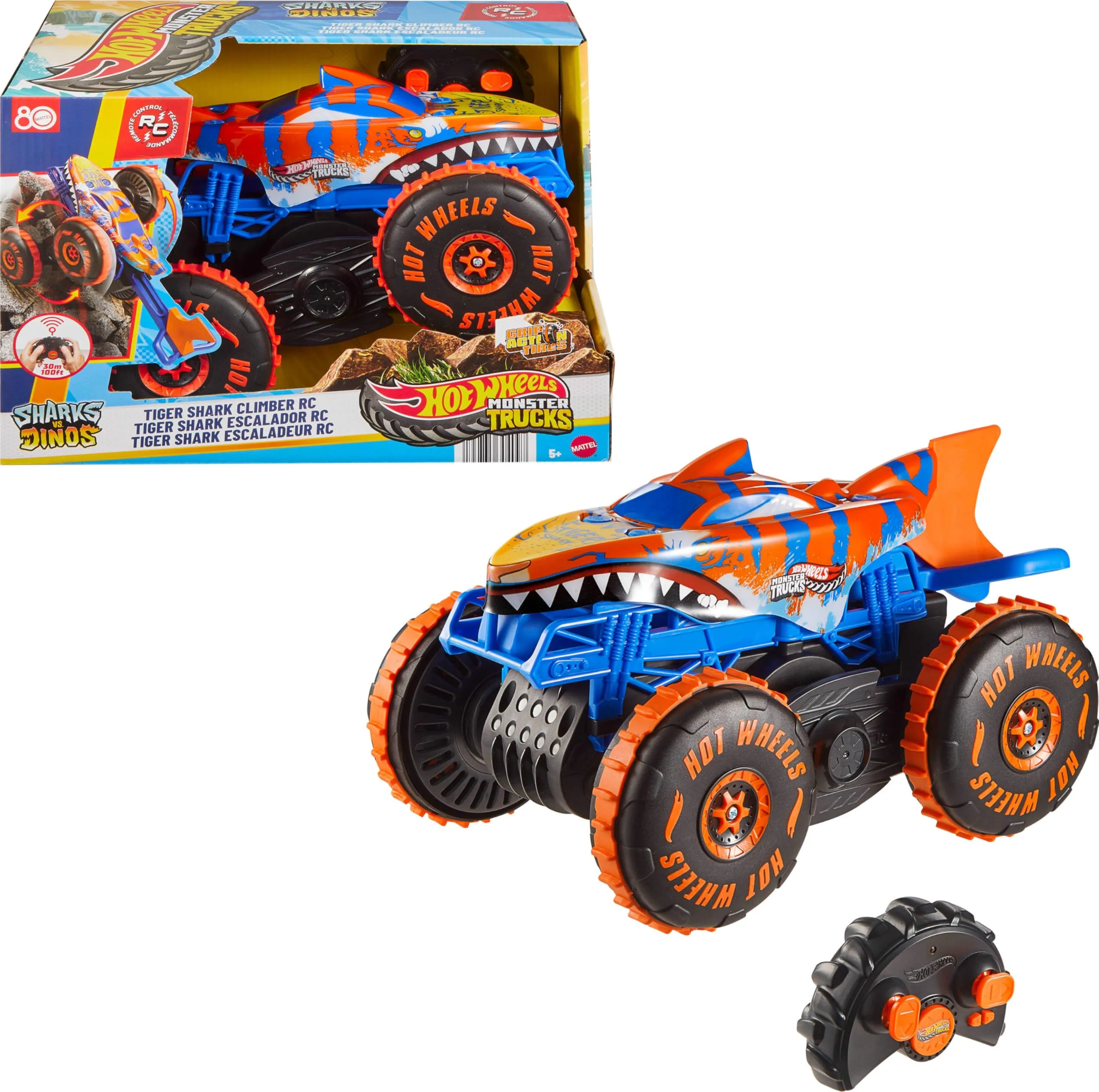 Hot Wheels Monster Trucks - Tiger Shark Super Scalatore RC, veicolo radiocomandato grande con 3 modalità per gareggiare, scalare e fare acrobazie, giocattolo per bambini, 5+ anni, JFR39