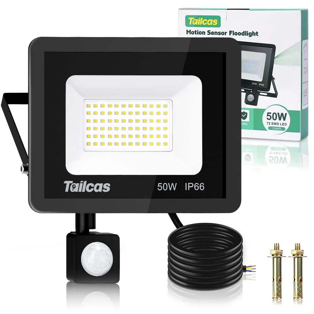 Tailcas 50W Faretto Led da Esterno con Sensore di Movimento, IP66 Impermeabile Faro Led Esterno, 72 Leds 6500K 4500LM Bianca Fredda -Luce a Led da Interno ed Esterno per Garage Cortile Giardino
