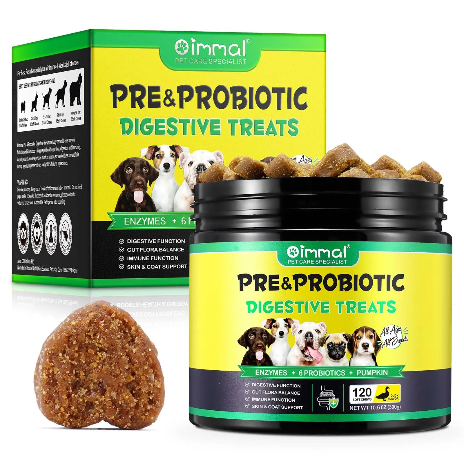 Probiotics for Dogs - 120 Chewable Pre Probiotic Digestive Chews for Dog, Support Gut Health, Itchy Skin Relief and Seasonal Allergies, Dog Supplement Soft Chews, Pet Supplement for Dogs - Duck Flavor
