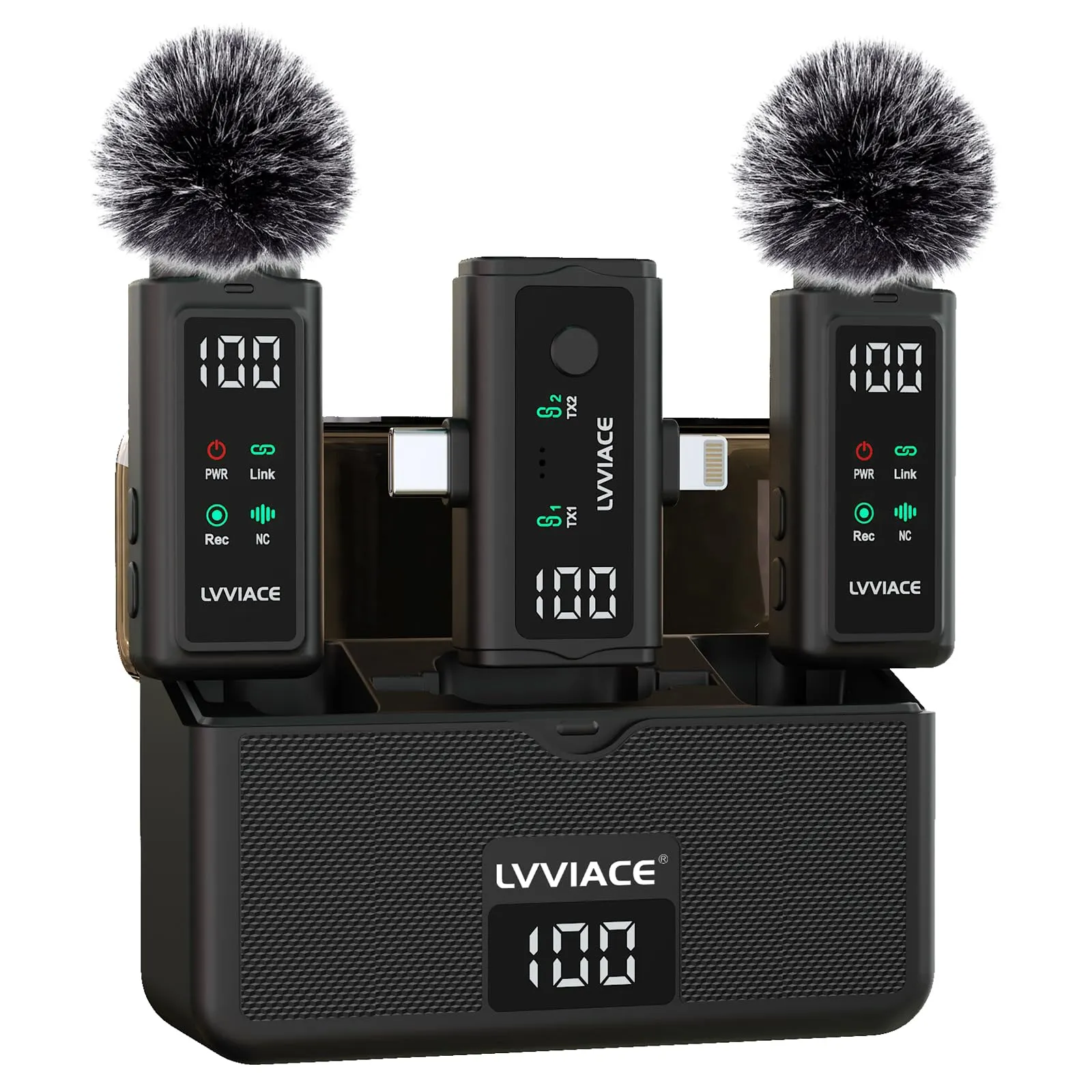 LVVIACE Microfono wireless 3 in 1 per iPhone, Android, fotocamera, microfono lavalier wireless, cancellazione del rumore con trasmettitore da 45 ore, display digitale, custodia di ricarica
