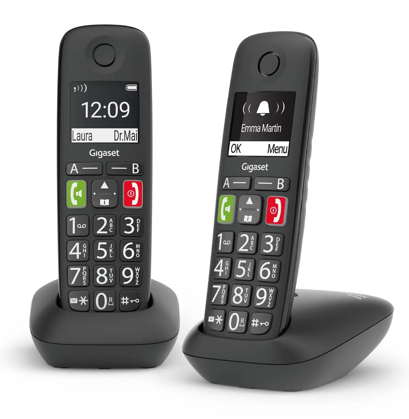 Gigaset E290 Duo, Telefoni Cordless, Due Portatili con Suonerie Forti, Numeri Grandi e Audio Potenziato, Tasti di Chiamata Rapida, Vivavoce con Volume Regolabile, Nero [Versione Italiana]