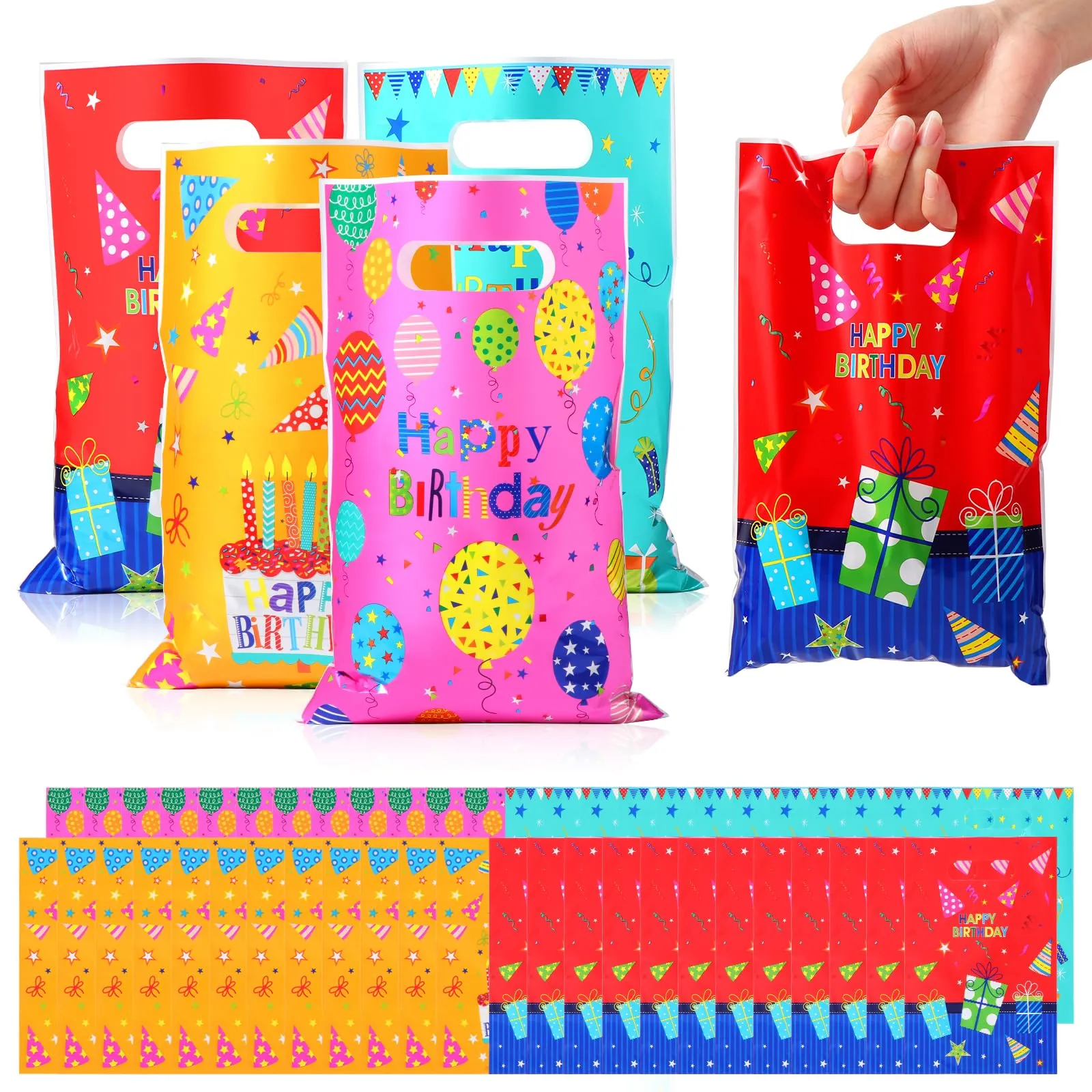 Brencco 50 Sacchettini Compleanno Bambini, Bustine Regalini Fine Festa Bambini Adatto a Ragazzi e Ragazze, Sacchetti Regalo Caramelle, 16.5×25 cm